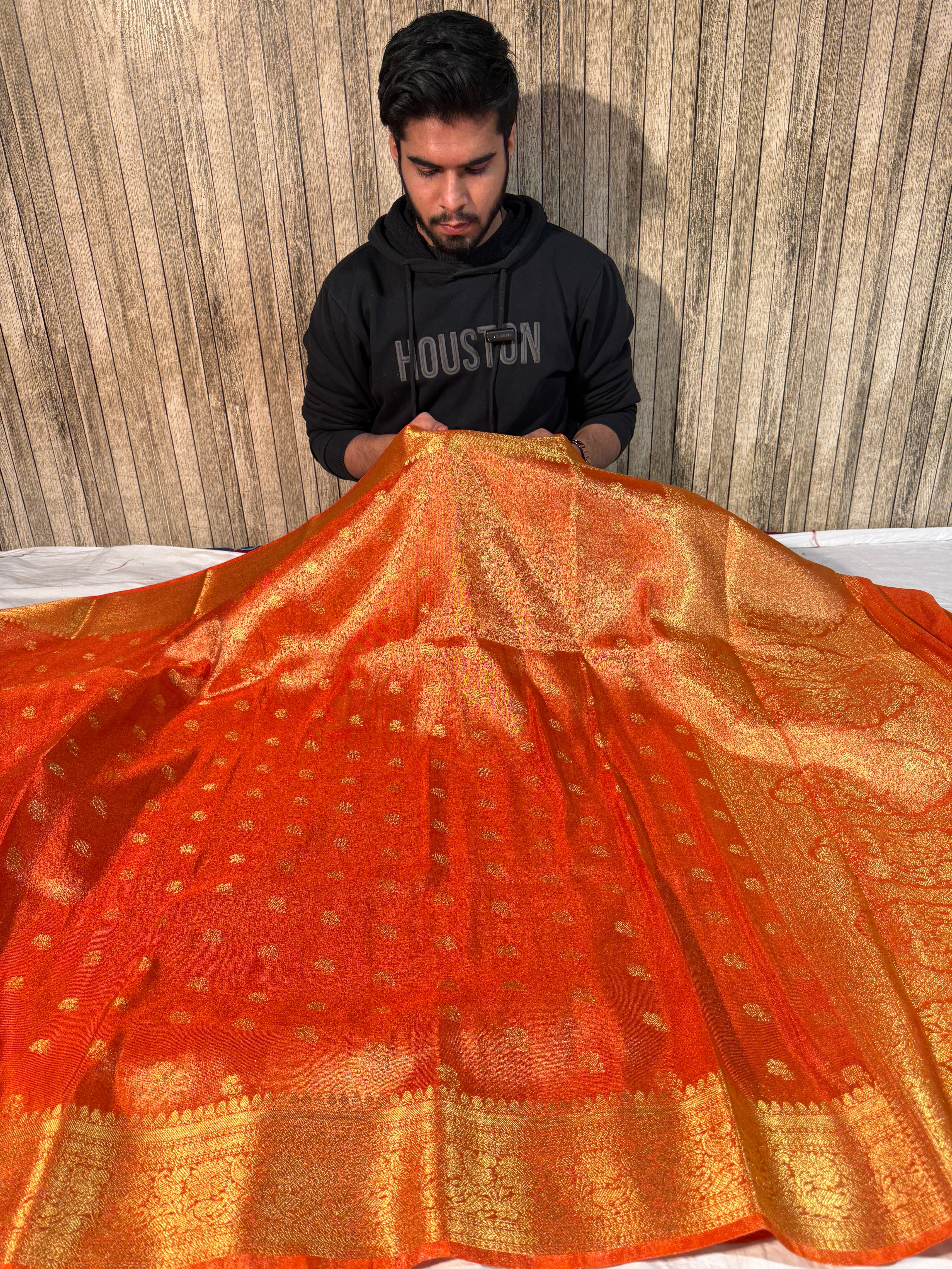 Metallic Orange Premium Breathable Tissue Silk Banarasi Saree