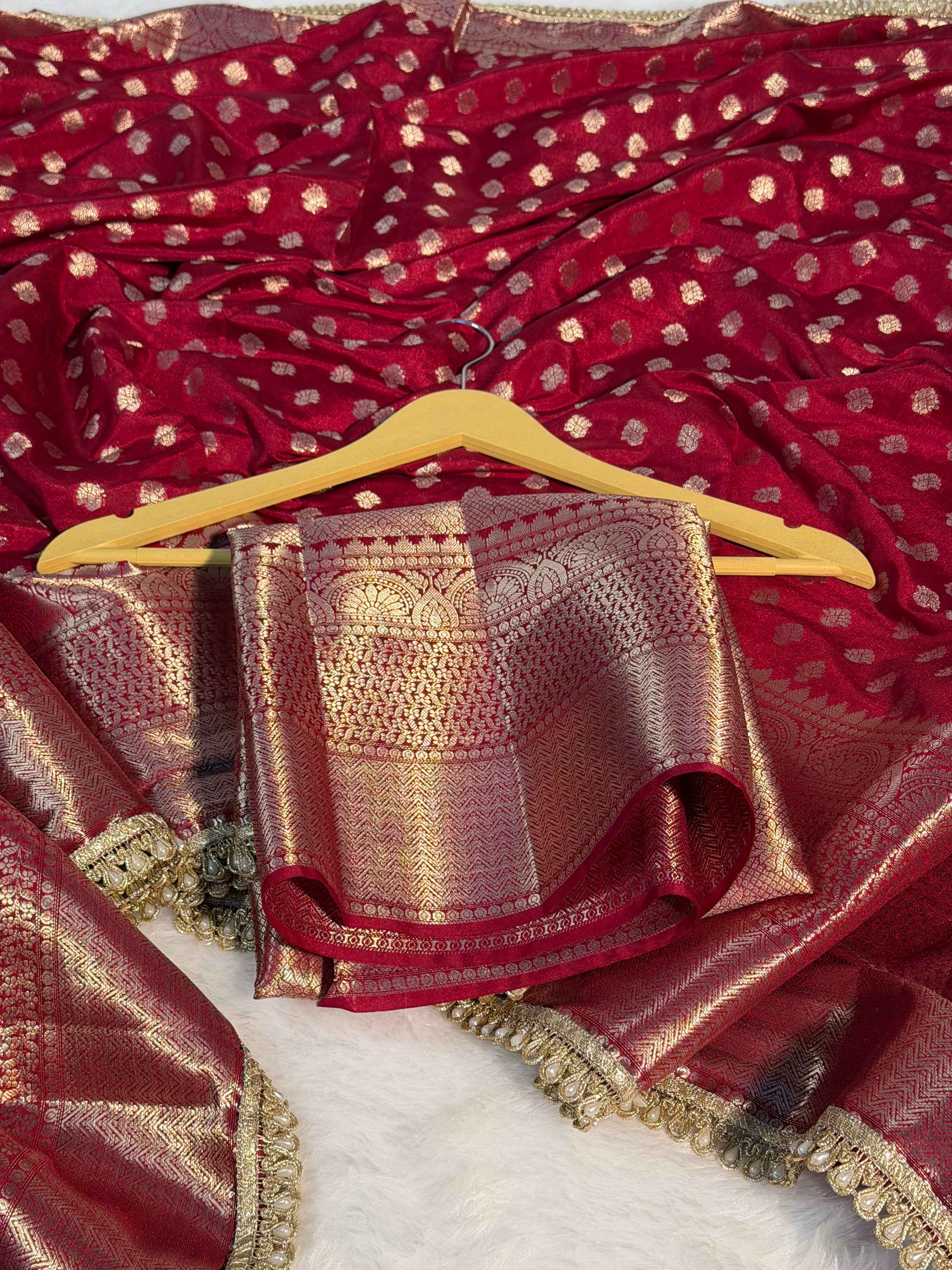 Maroon Premium Chiniya Silk Banarasi Saree With Moti Lace Work