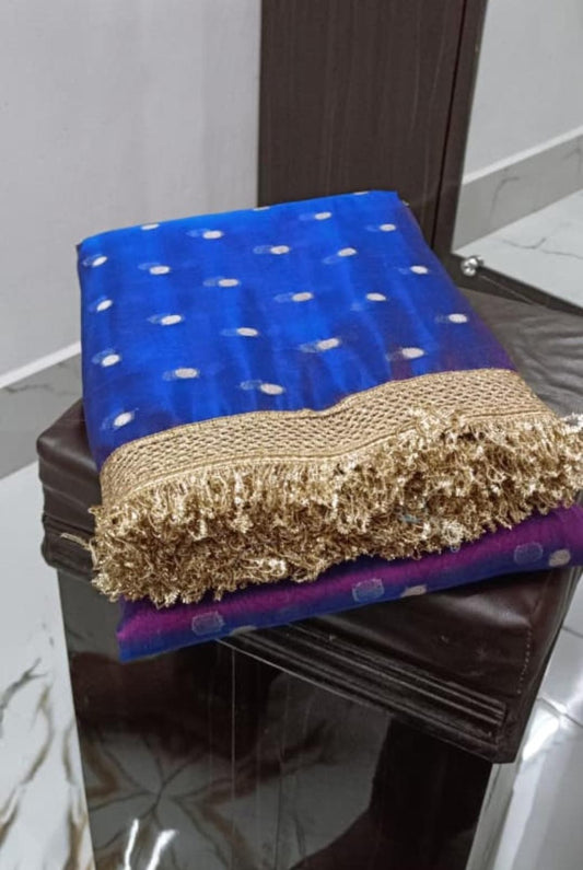 Bridal Metallic Royal Blue Banarasi Tissue Silk Saree with Premium Lace