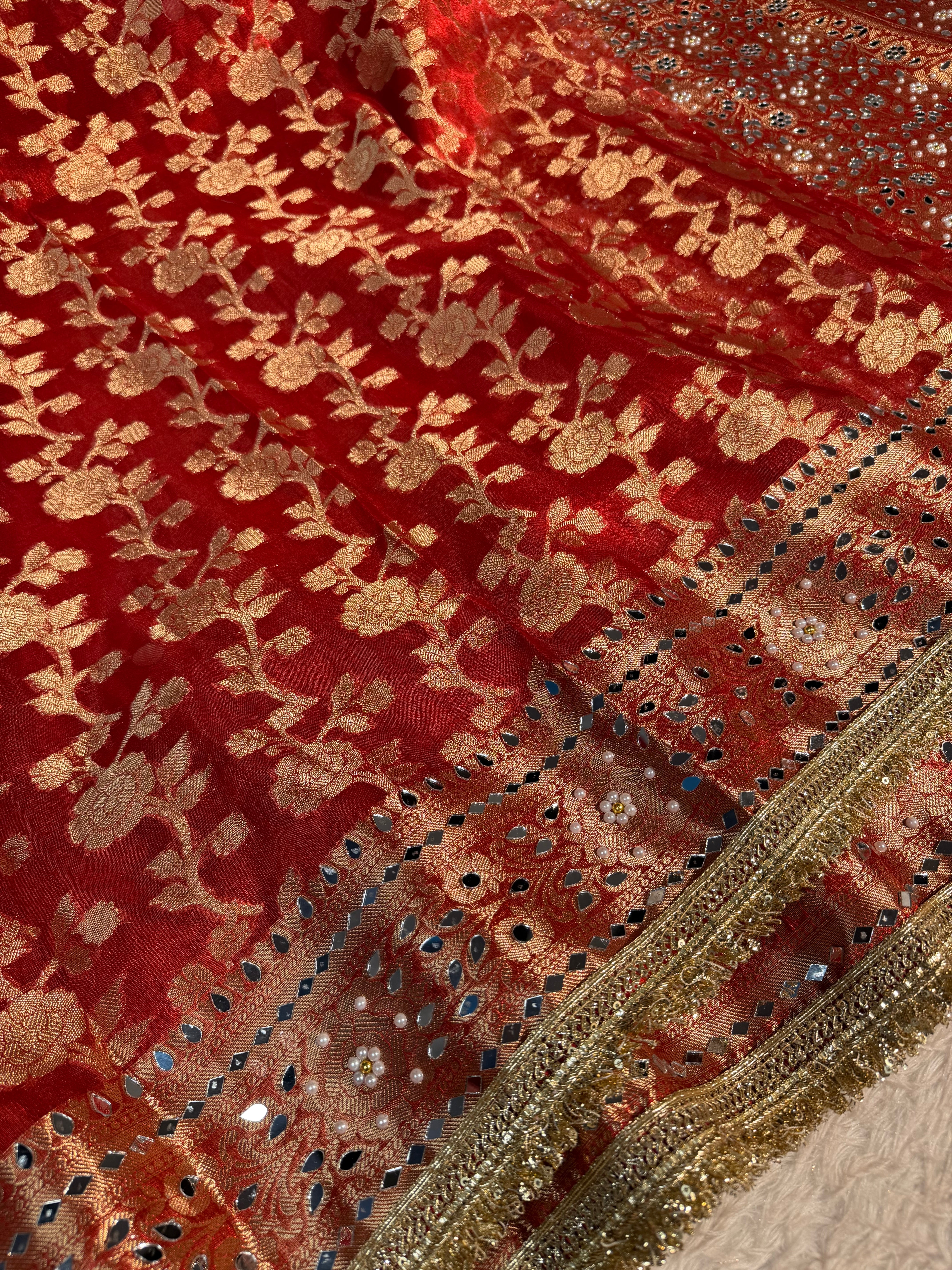 Metallic Red Premium Tissue Silk Saree Hand Mirror Work with Lace Attached