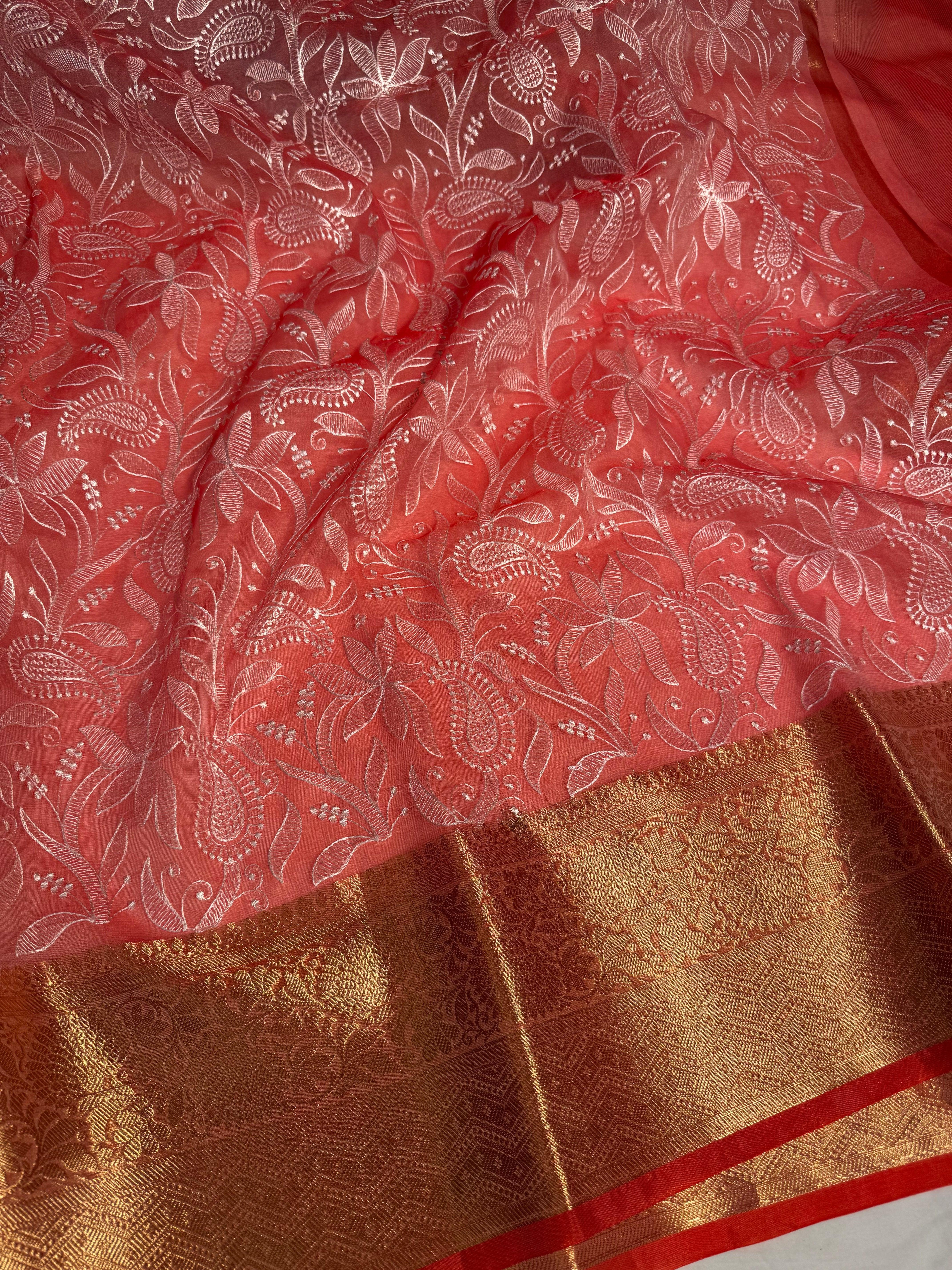 Beautiful Peach Bridal Chikankari Banarasi Organza Silk Saree