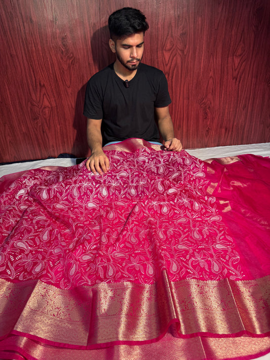 Rani Pink Exclusive Chikankari Banarasi Organza Silk Saree