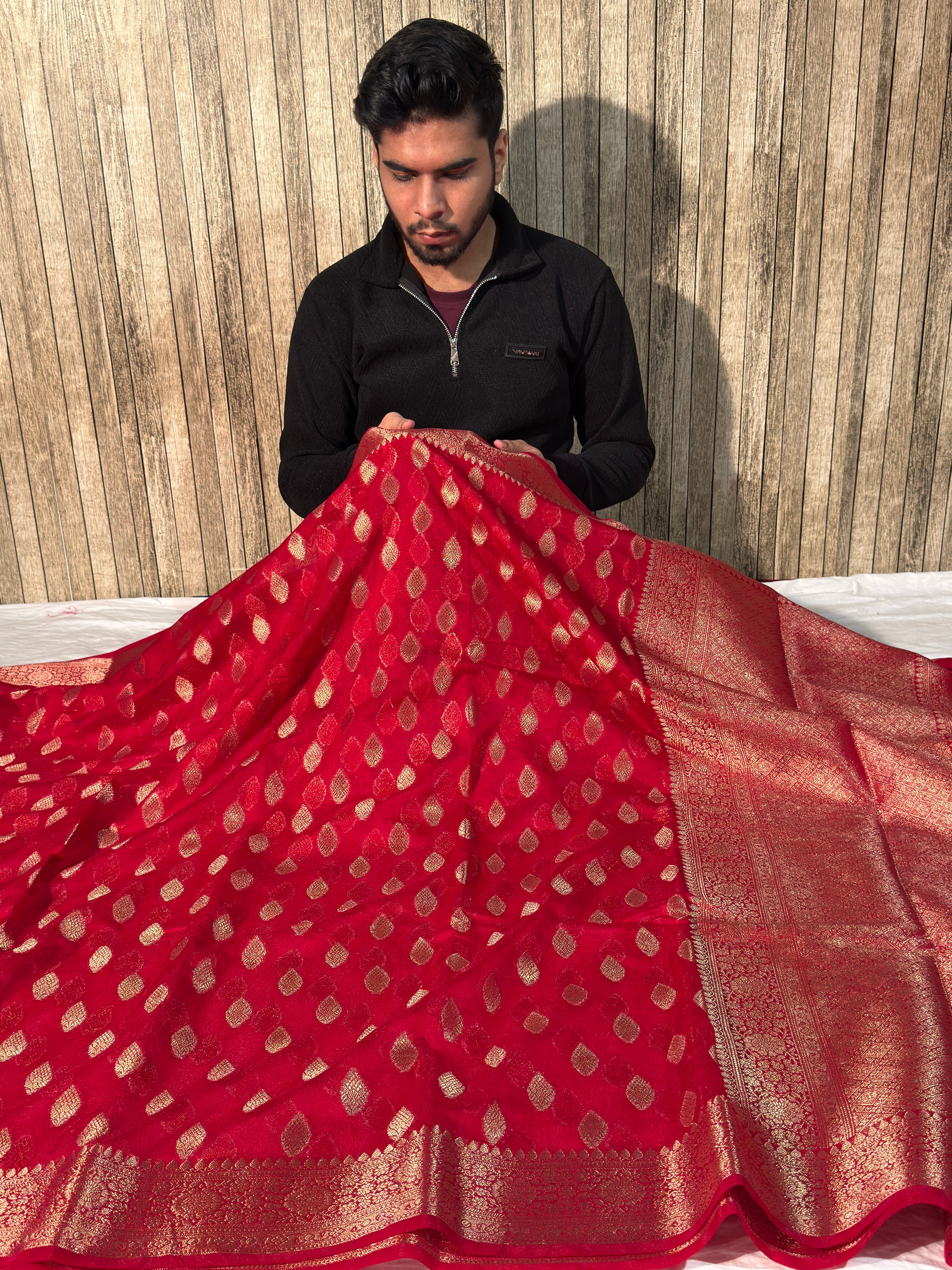 Bright Red Premium Georgette Silk Banarasi Saree