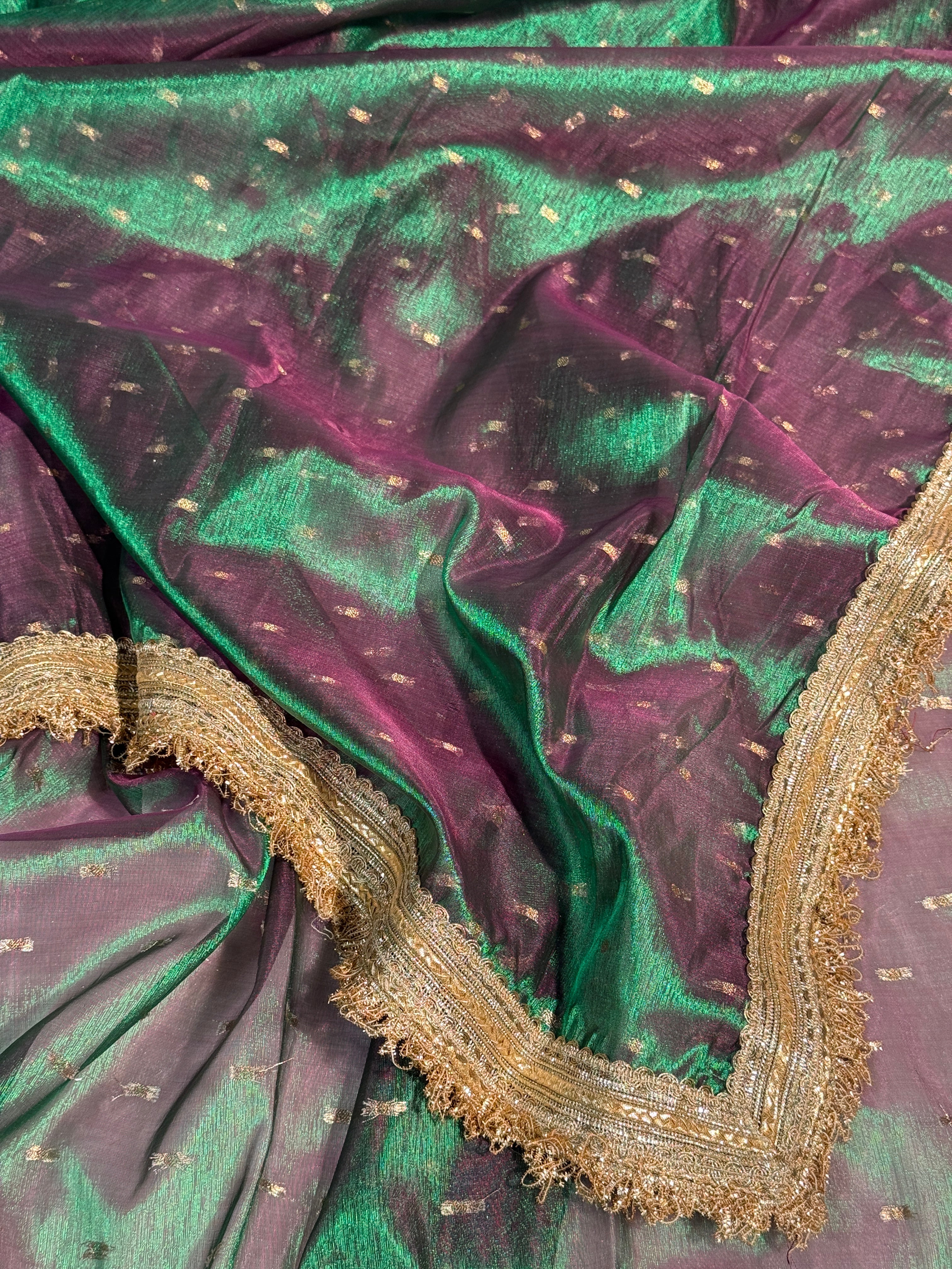 Ready To Wear Metallic Green Premium Tissue Silk Banarasi Saree with Lace Work