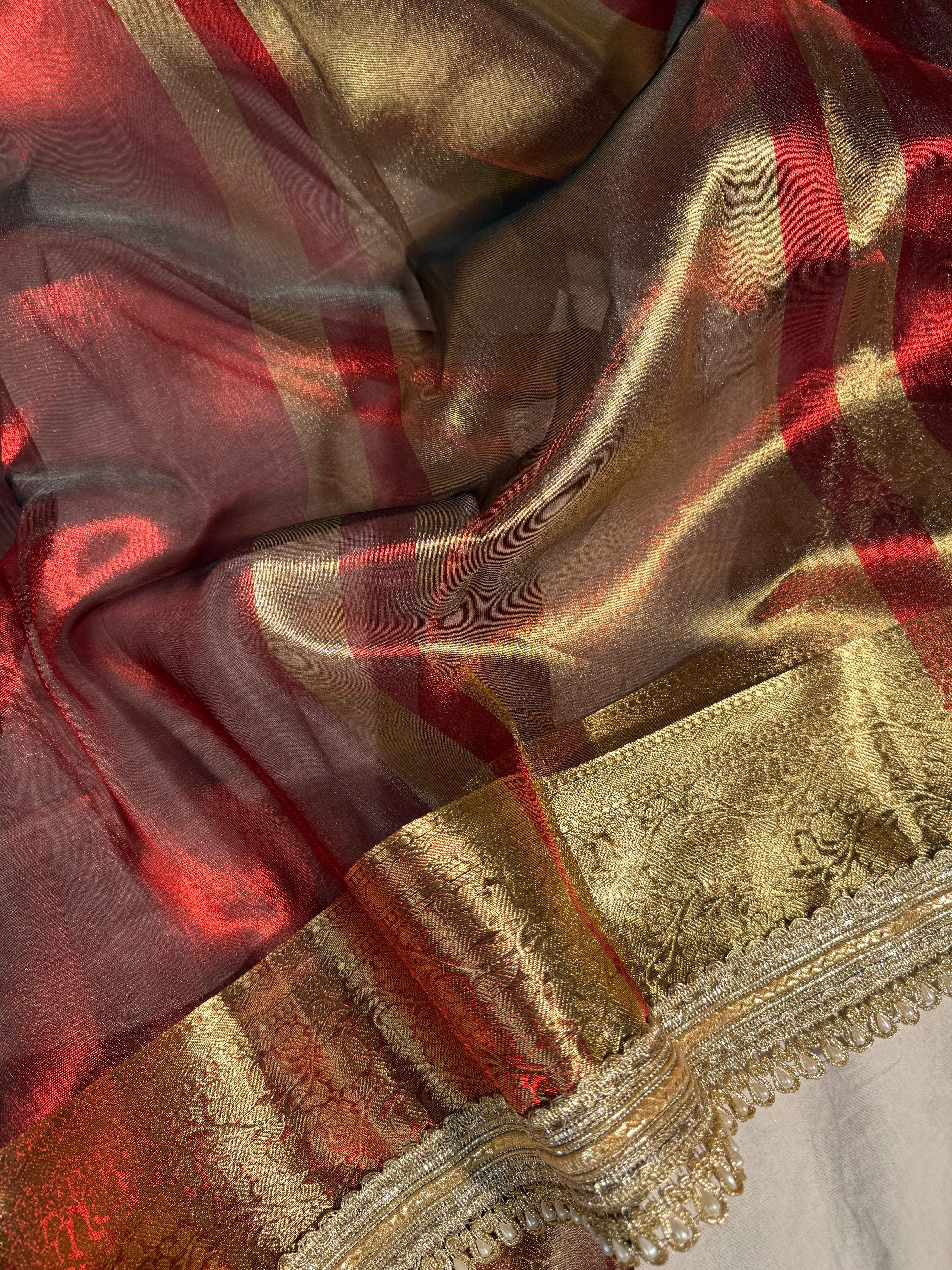 Metallic Maroon Premium Tissue Silk Moti Lace Attached Banarasi Saree
