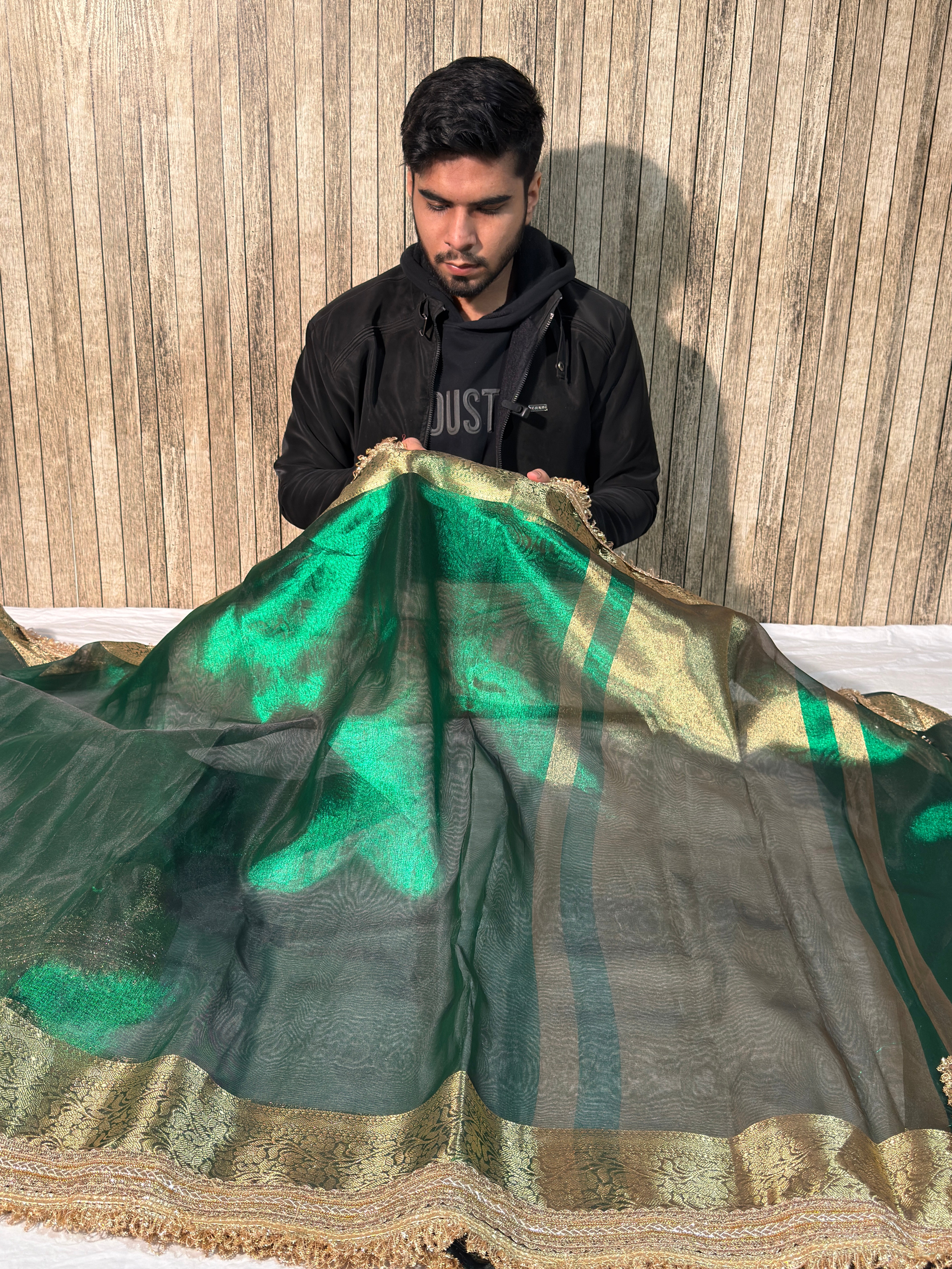 Metallic Green Bridal Tissue Silk Lace Work Banarasi Saree