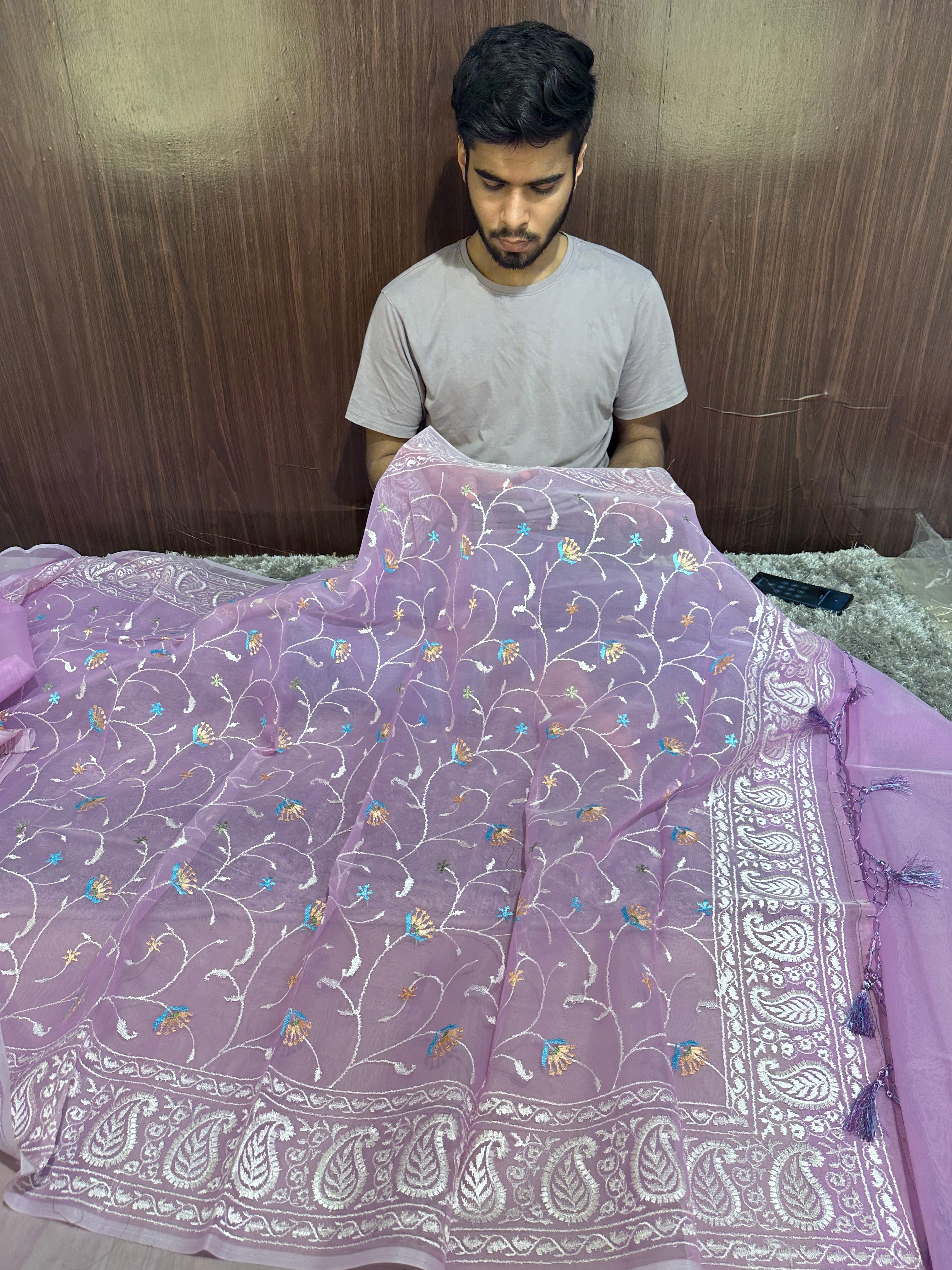 Pastel Lavendar Multi Floral Chikankari Banarasi Organza Silk Saree