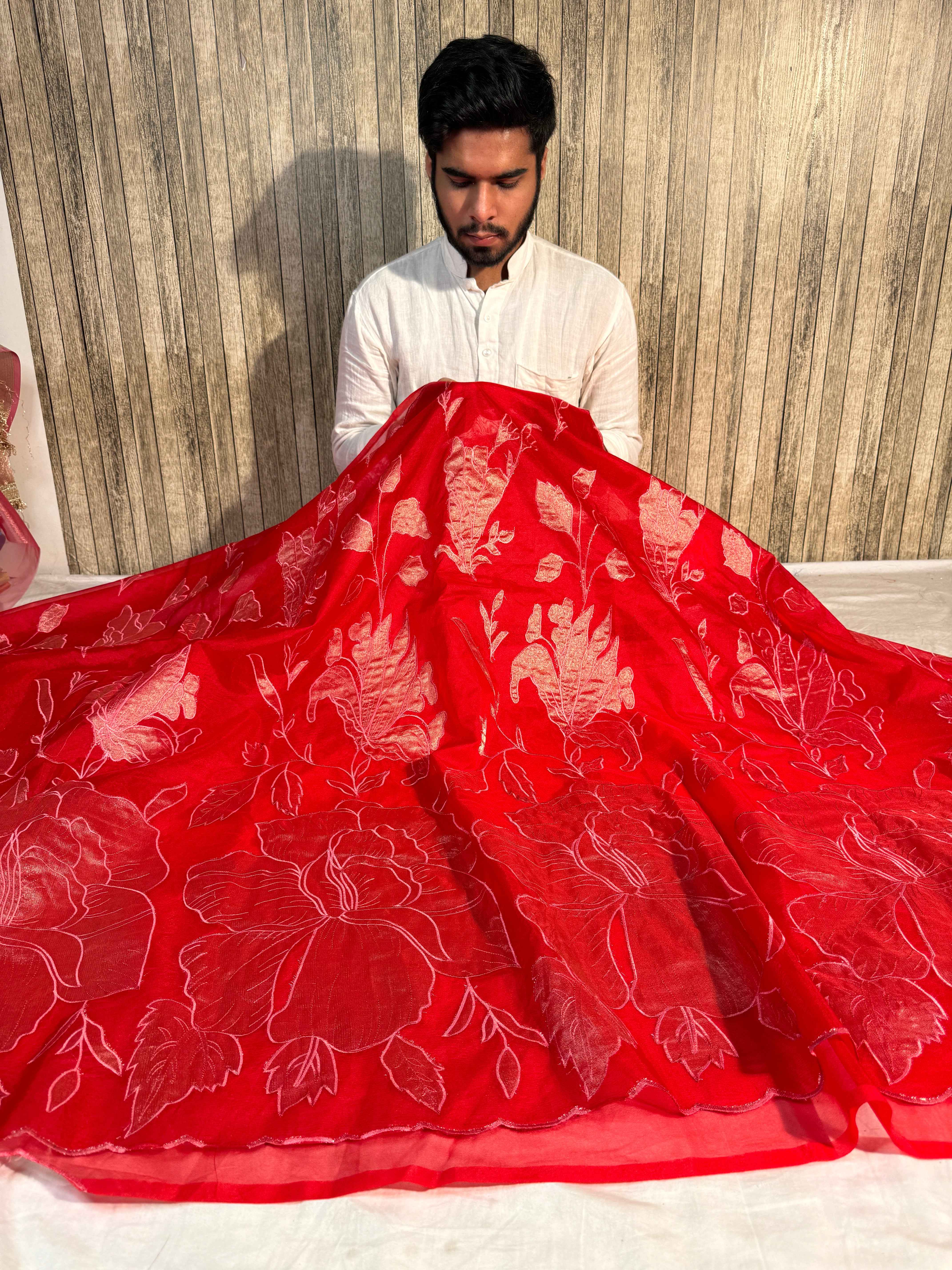 Bridal Red Premium Organza Silk Banarasi Saree with Tissue Applique Work