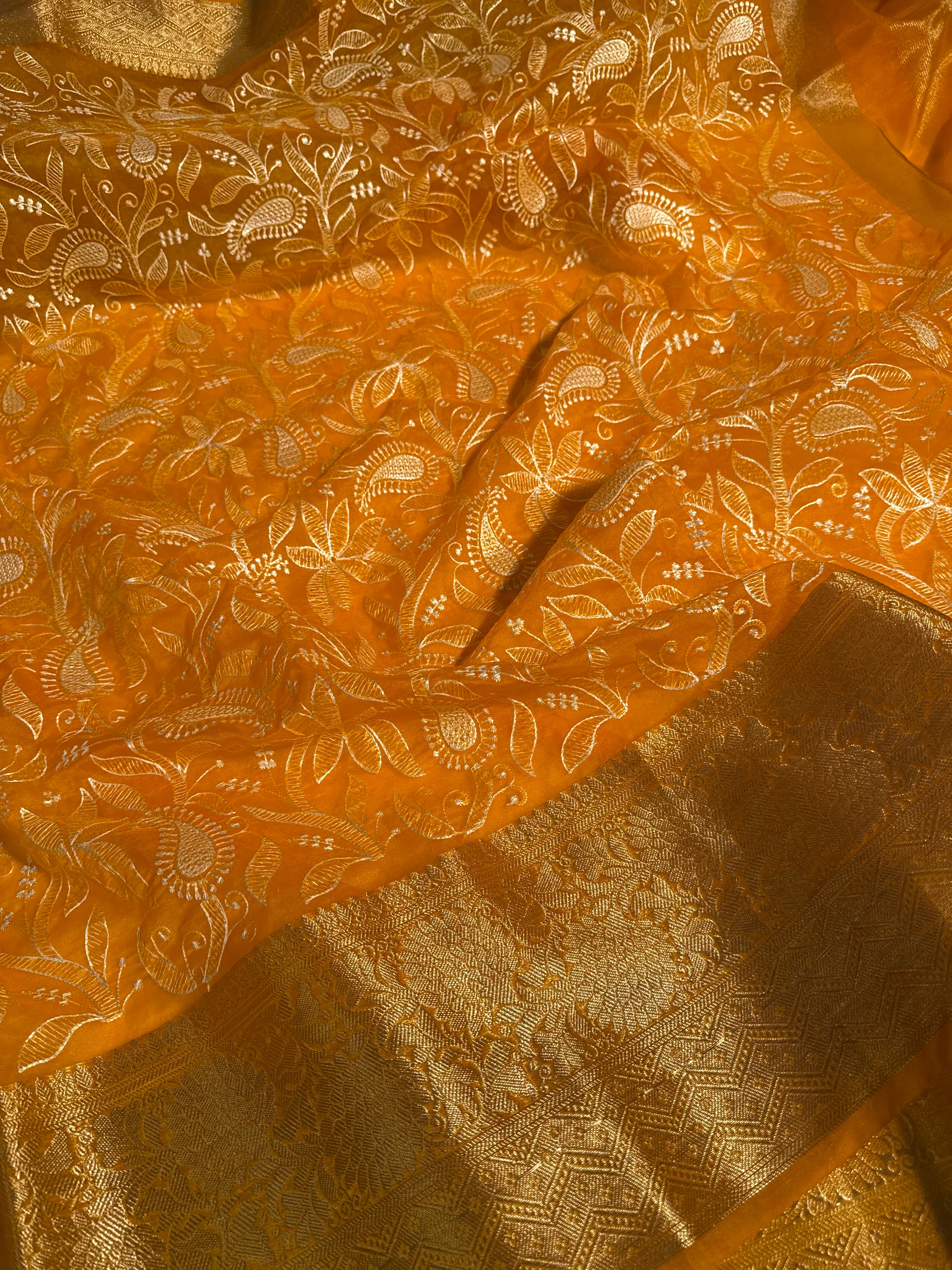 Yellow Chikankari Organza Silk Banarasi Saree