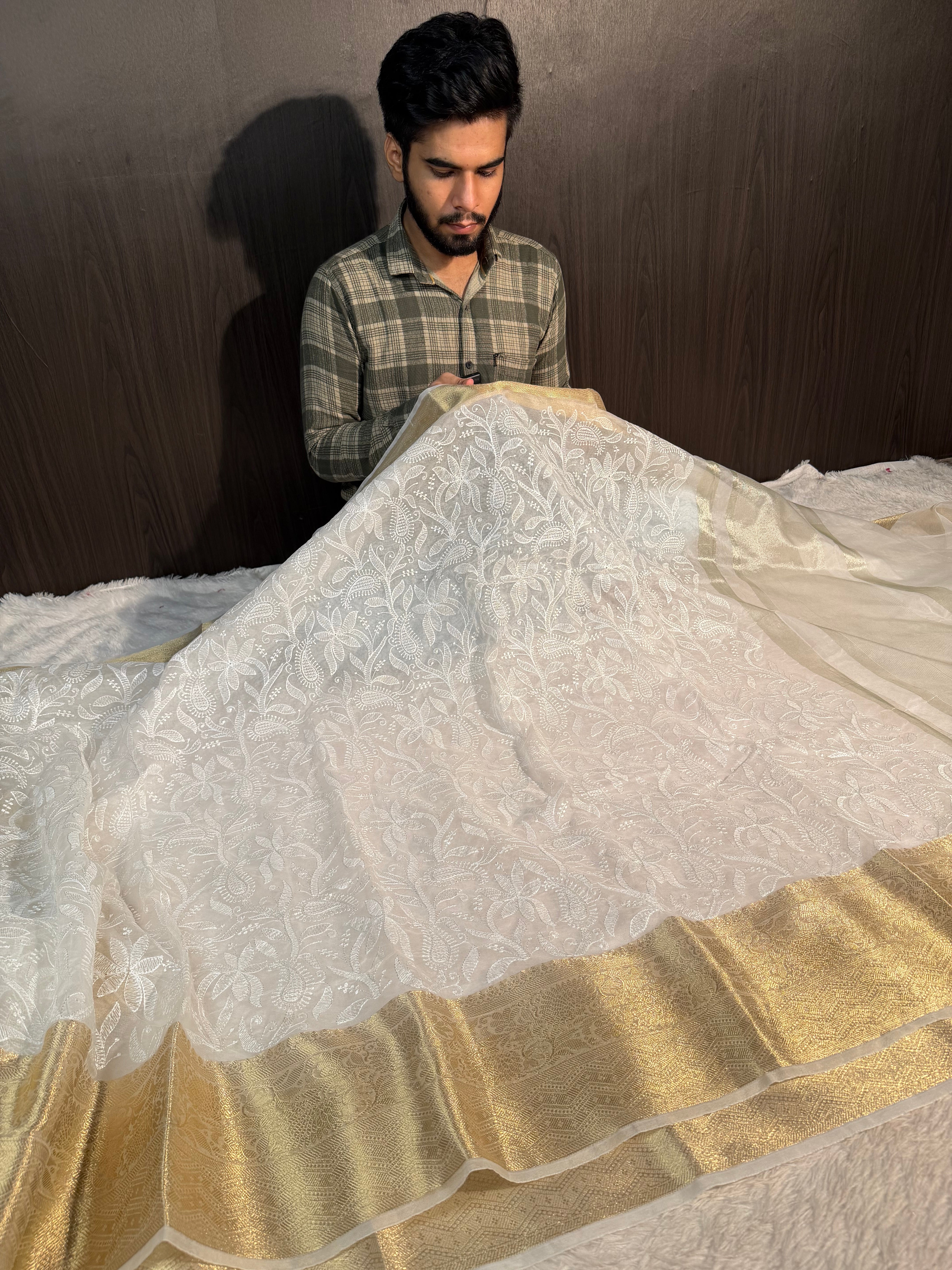 Rare Masterpiece Premium White Chikankari Organza Silk Banarasi Saree