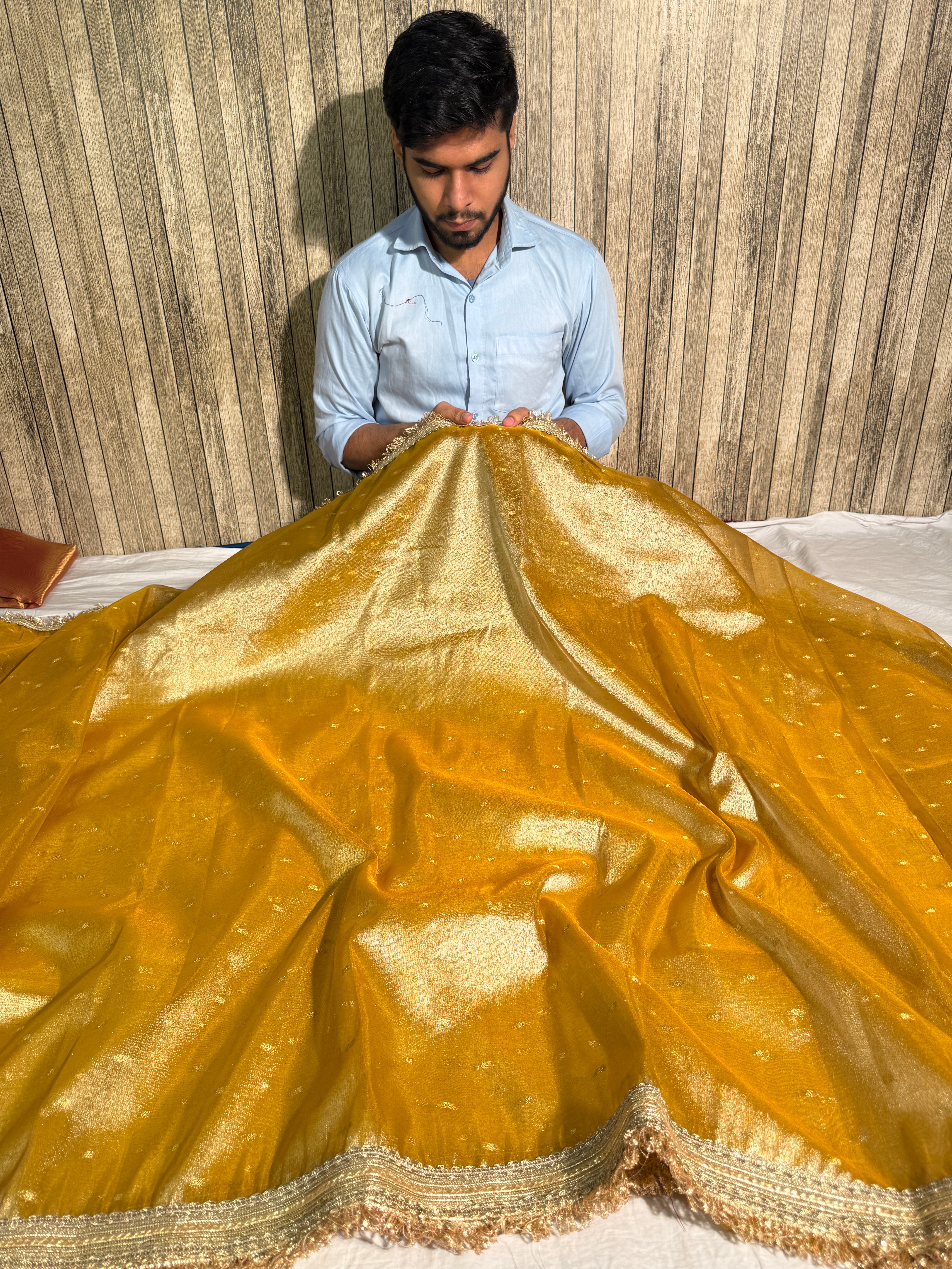 Metallic Yellow Premium Tissue Silk Lace Attached Banarasi Saree