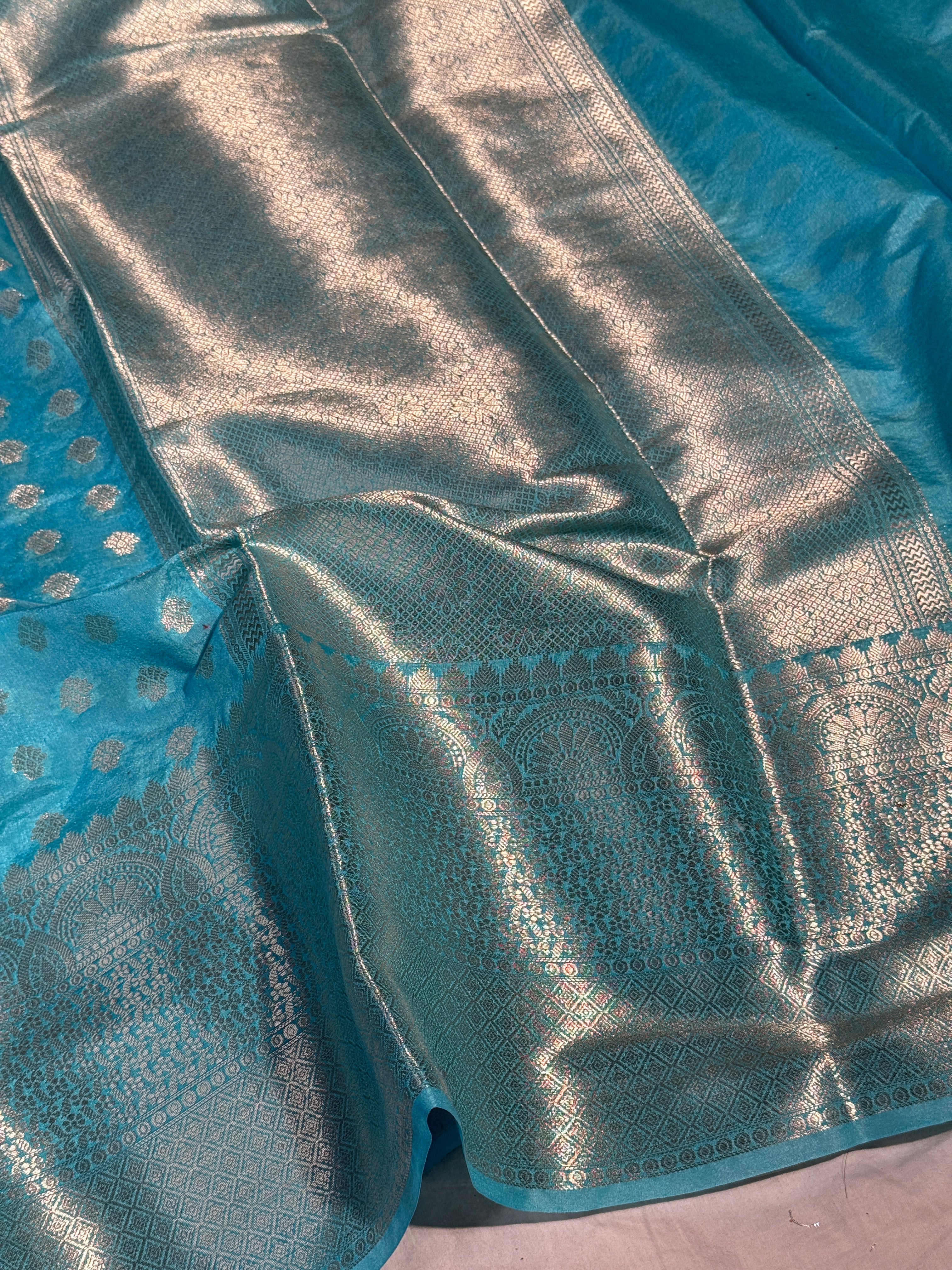 Pastel Firozi Premium Chiniya Silk Zari Buti Weave Banarasi Saree