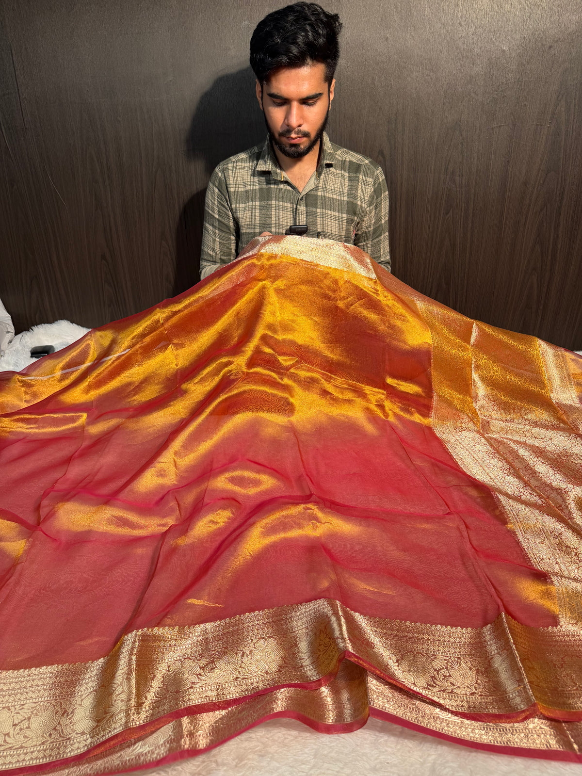 Dual Shaded Orange 100% Pure Tissue Silk Banarasi Saree