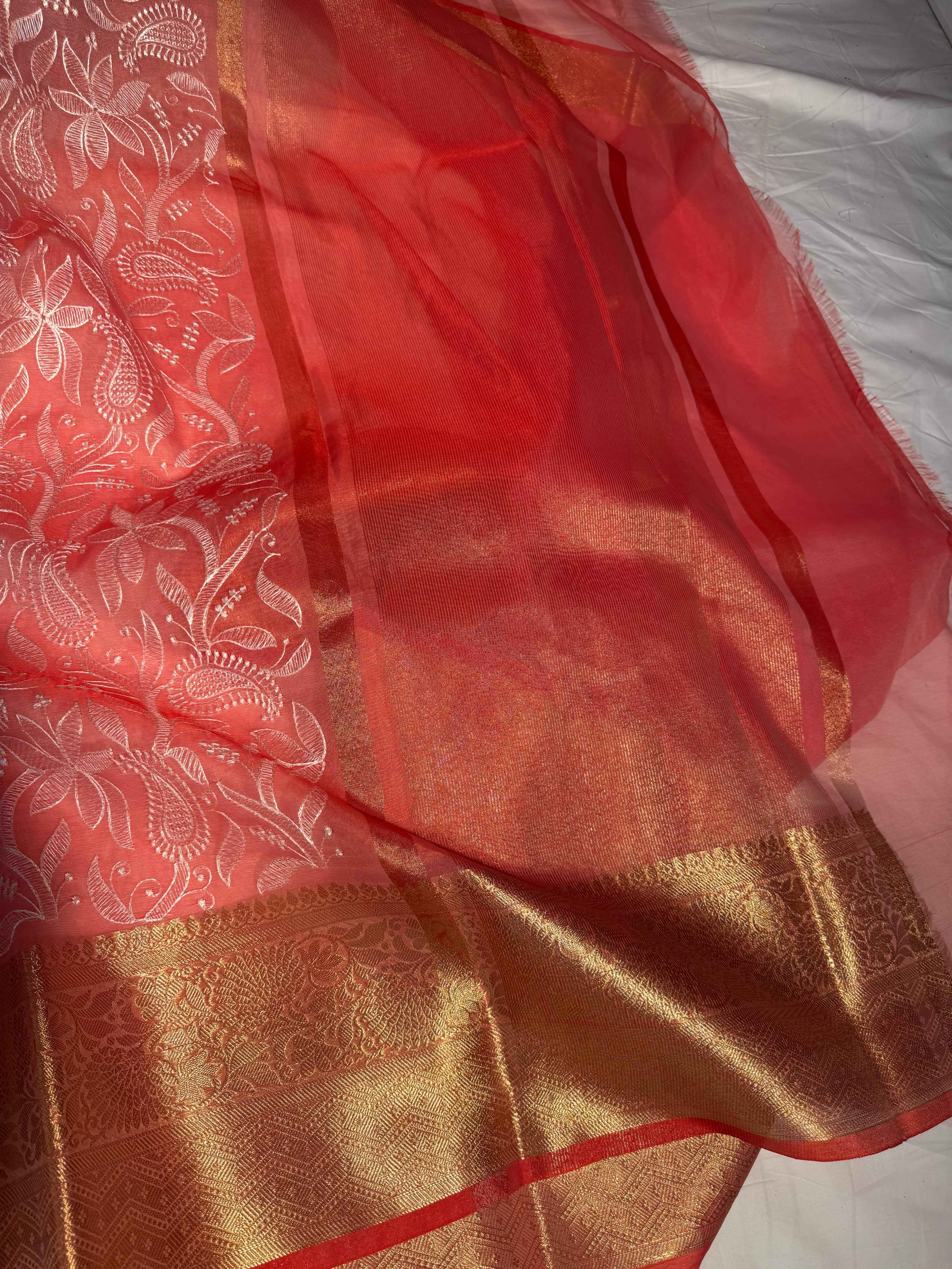 Beautiful Peach Bridal Chikankari Banarasi Organza Silk Saree