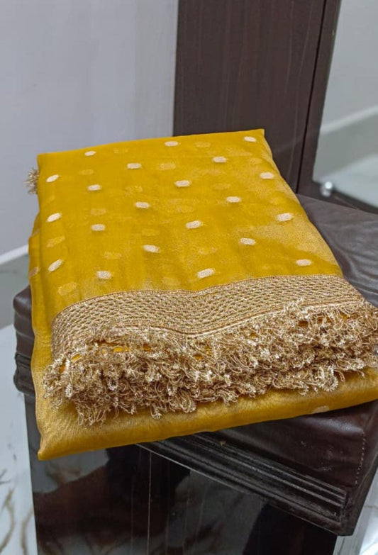 Metallic Gold Tissue Banarasi Saree Zari Buti Weave with Premium Lace