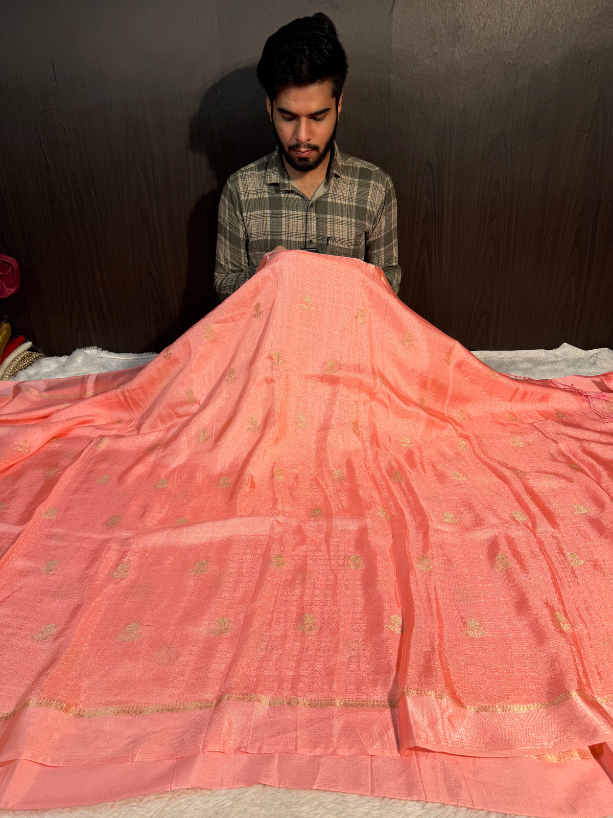 Baby Pink Premium Viscose Georgette Silk Banarasi Saree with Tassles