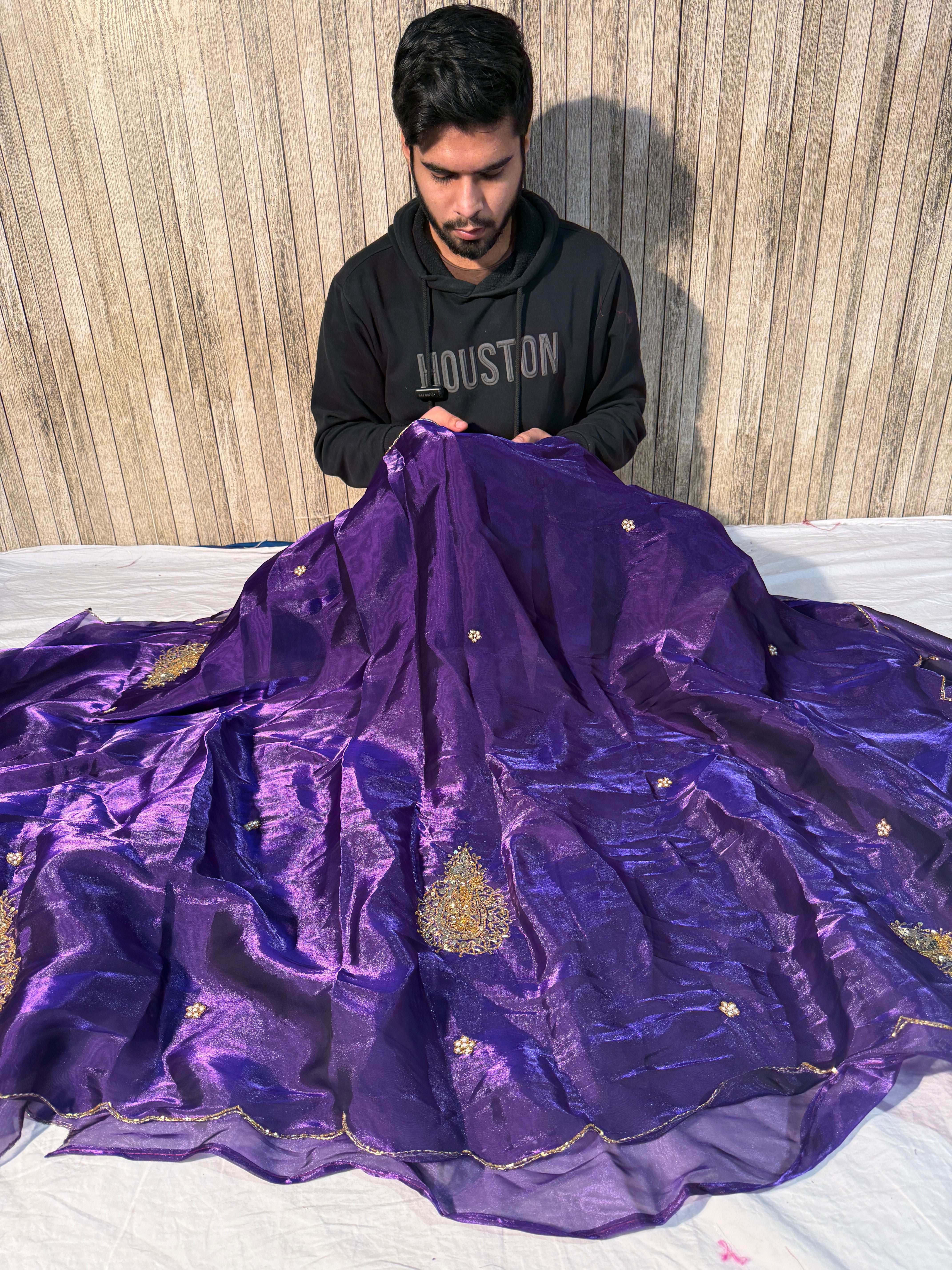 Baigani Shade Premium Shimmery Tissue Silk Handwork Saree