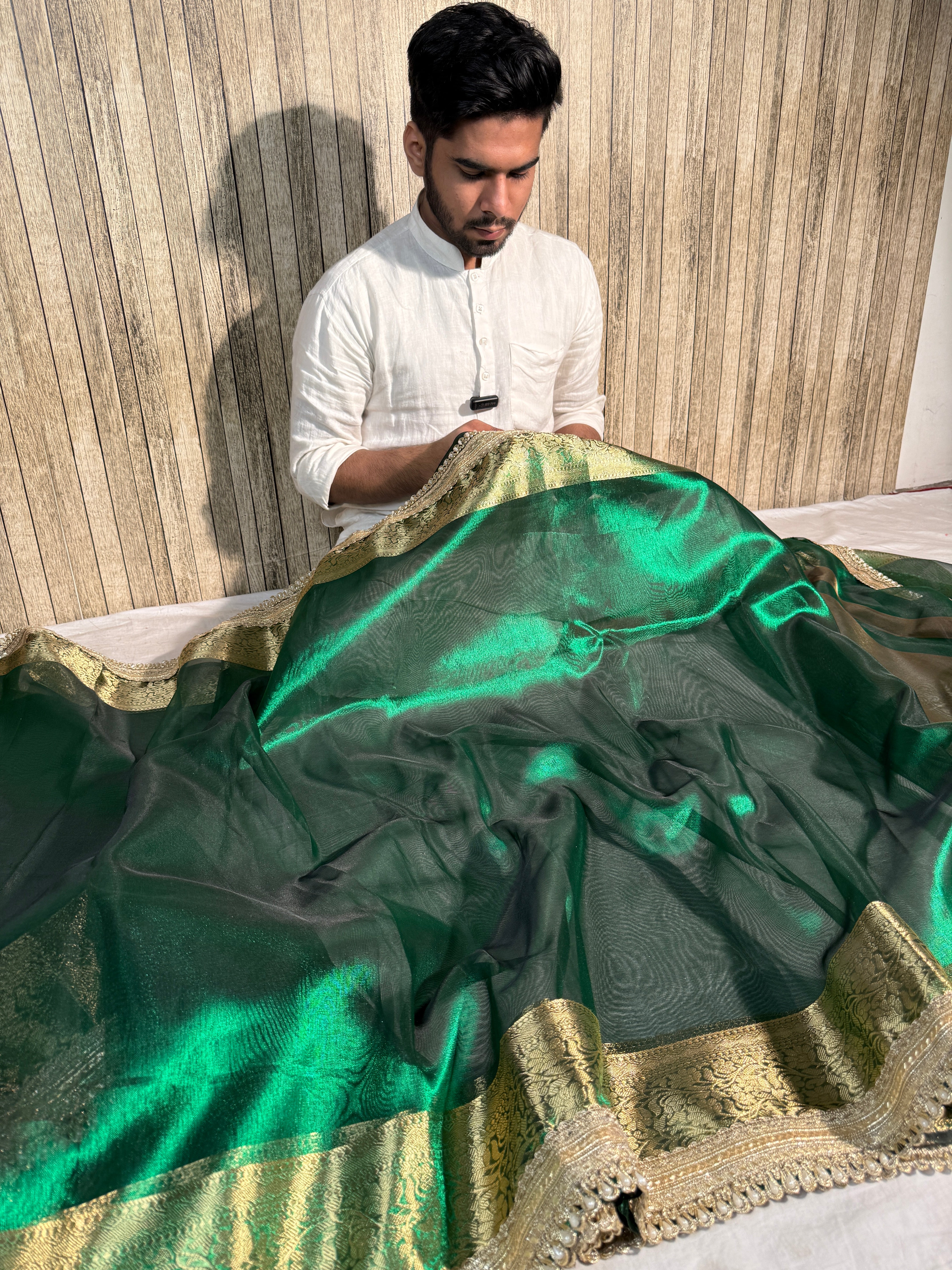 Metallic Green Bridal Tissue Silk Lace Work Banarasi Saree