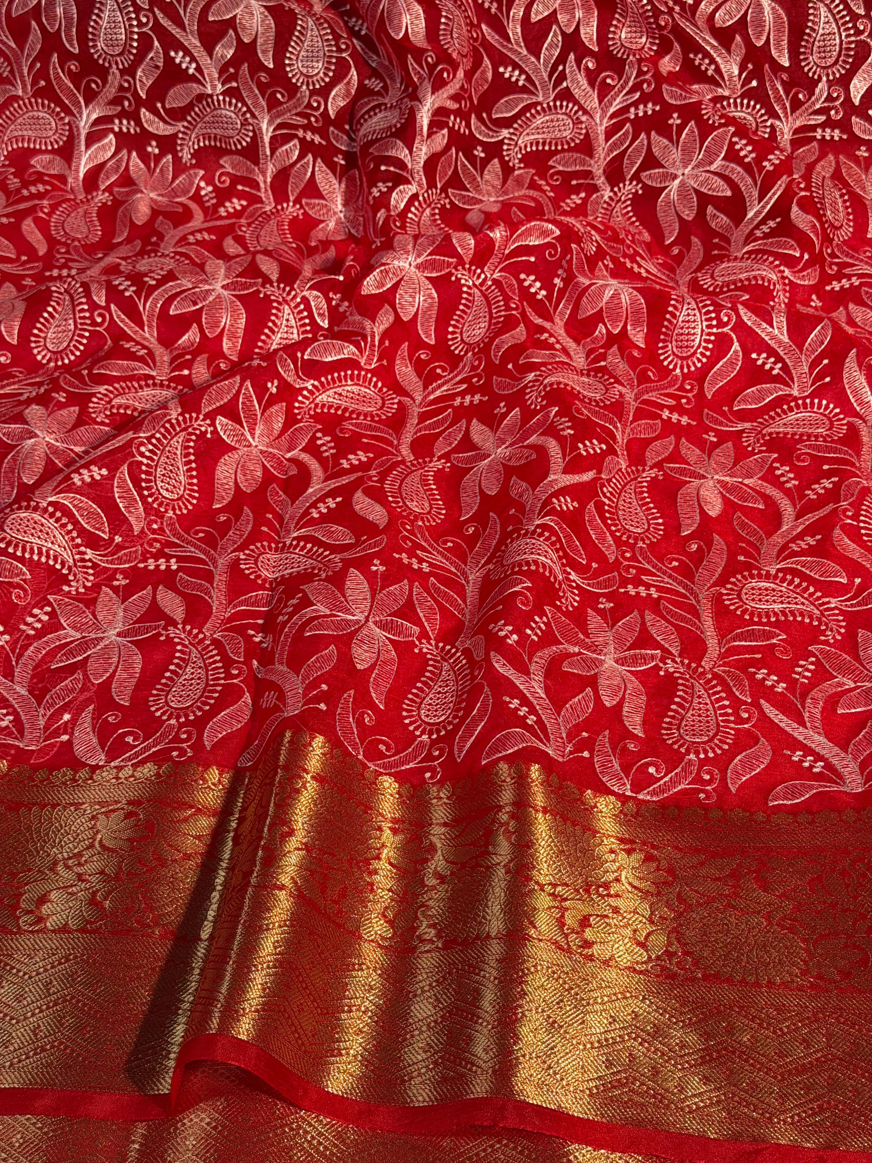 Bridal Red Premium Chikankari Organza Silk Banarasi Saree