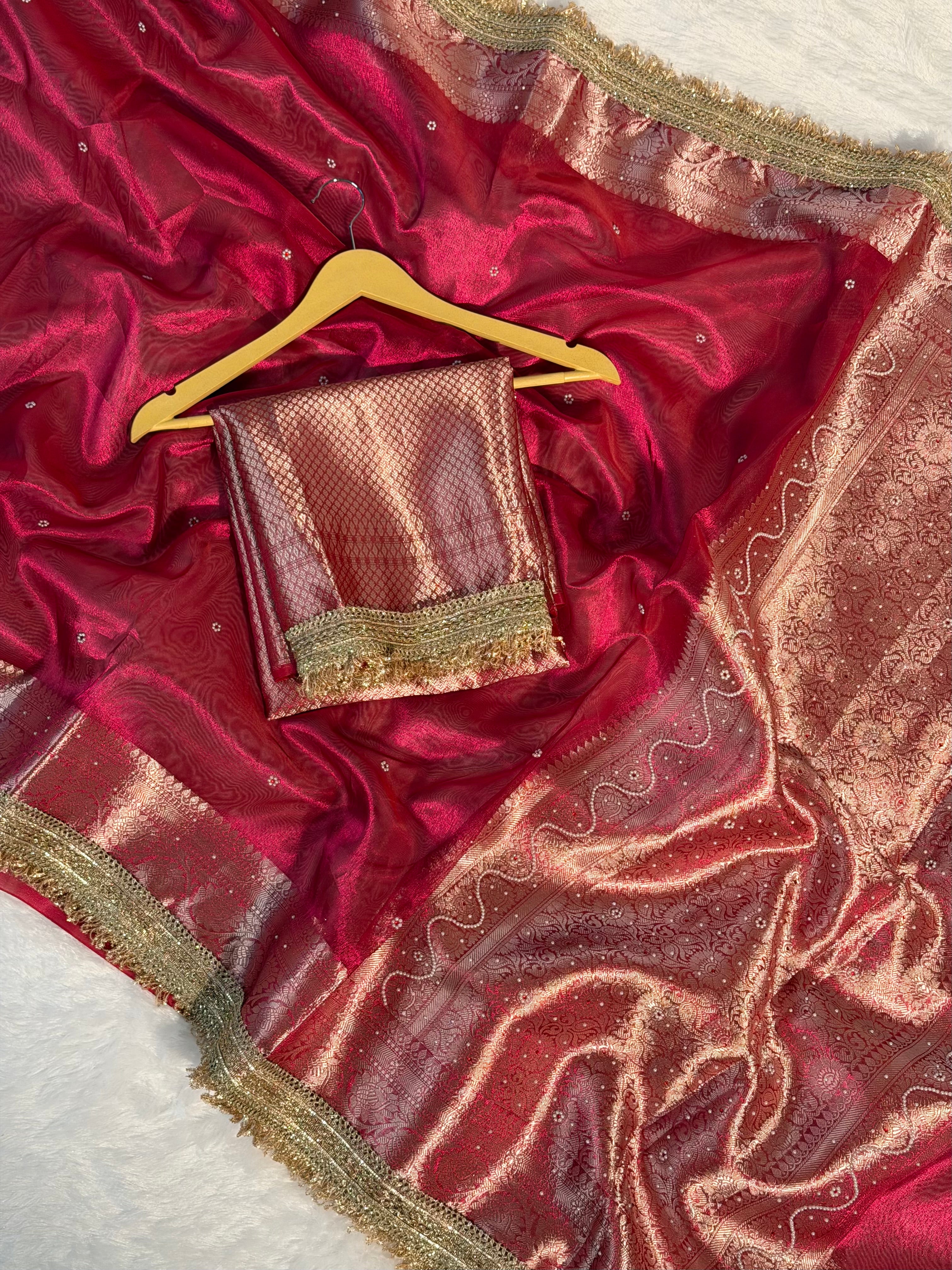 Metallic Rani Pink Premium Tissue Silk Saree Hand Moti Stone Work with Lace Attached
