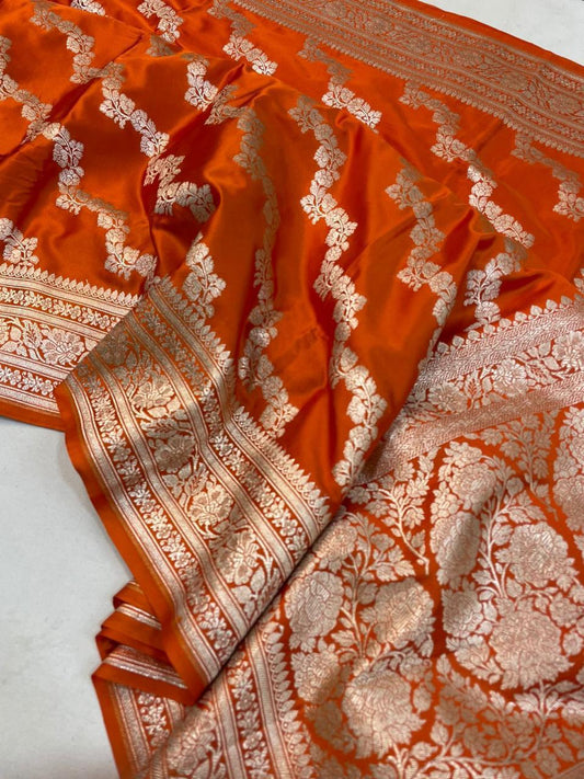 BRIDAL ORANGE MASHRU KATAN SILK LEHERIYA WEAVE BANARASI SAREE
