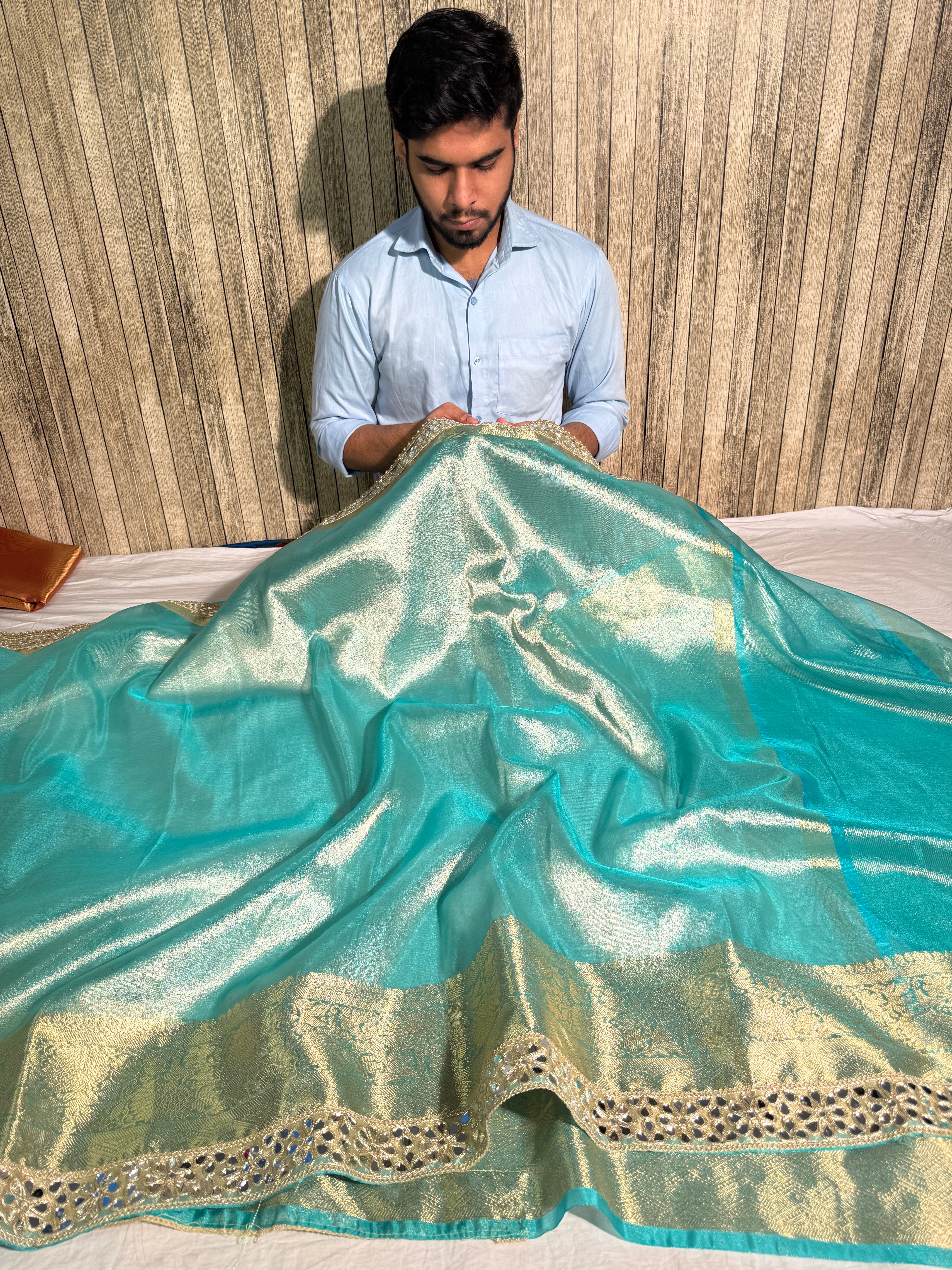 Sea Green Premium Tissue Silk Mirror Lace Work Banarasi Saree