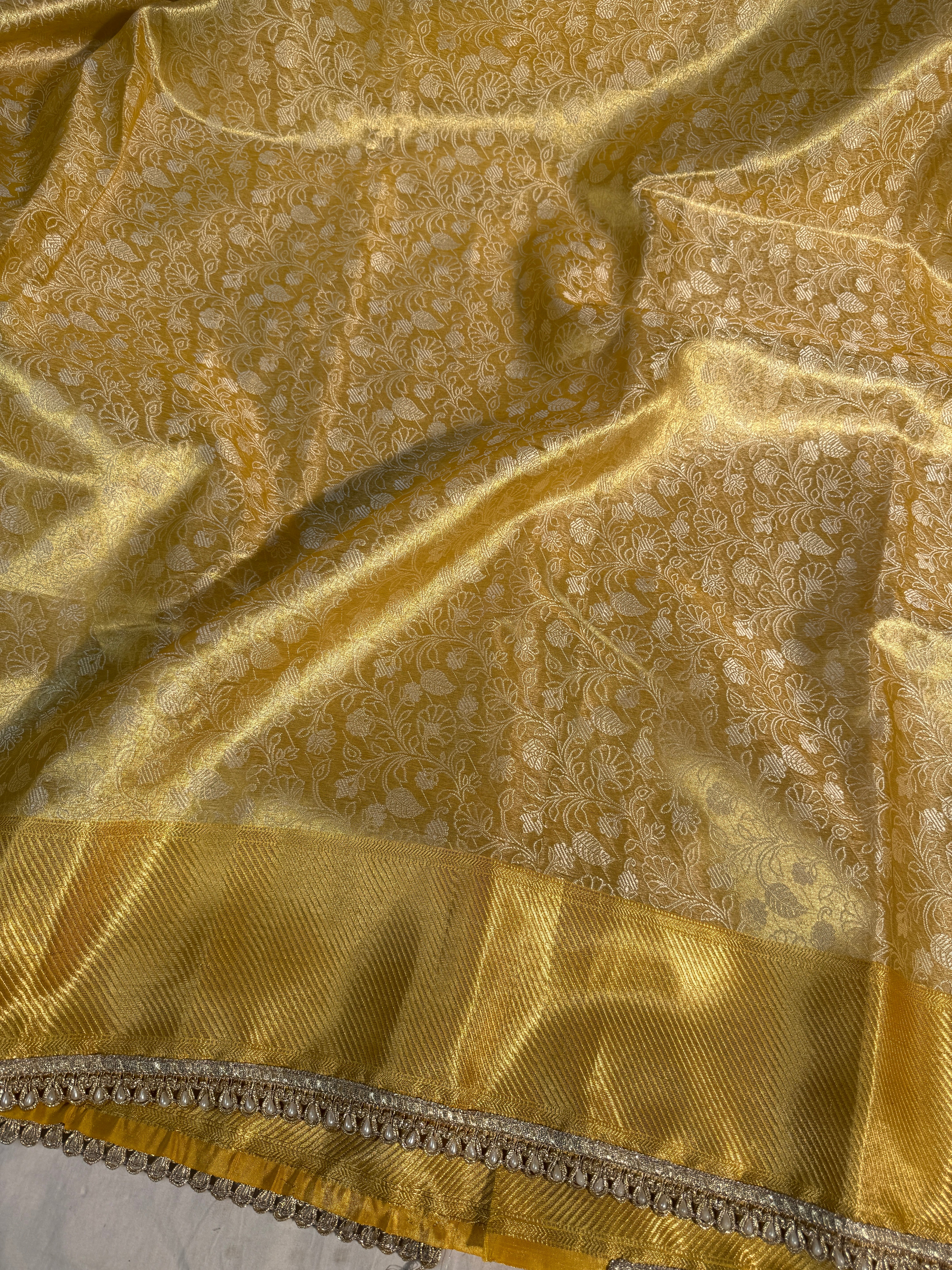 Celebrity Inspired Premium Kanjeevaram Tissue Silk Banarasi Saree with Moti Lace