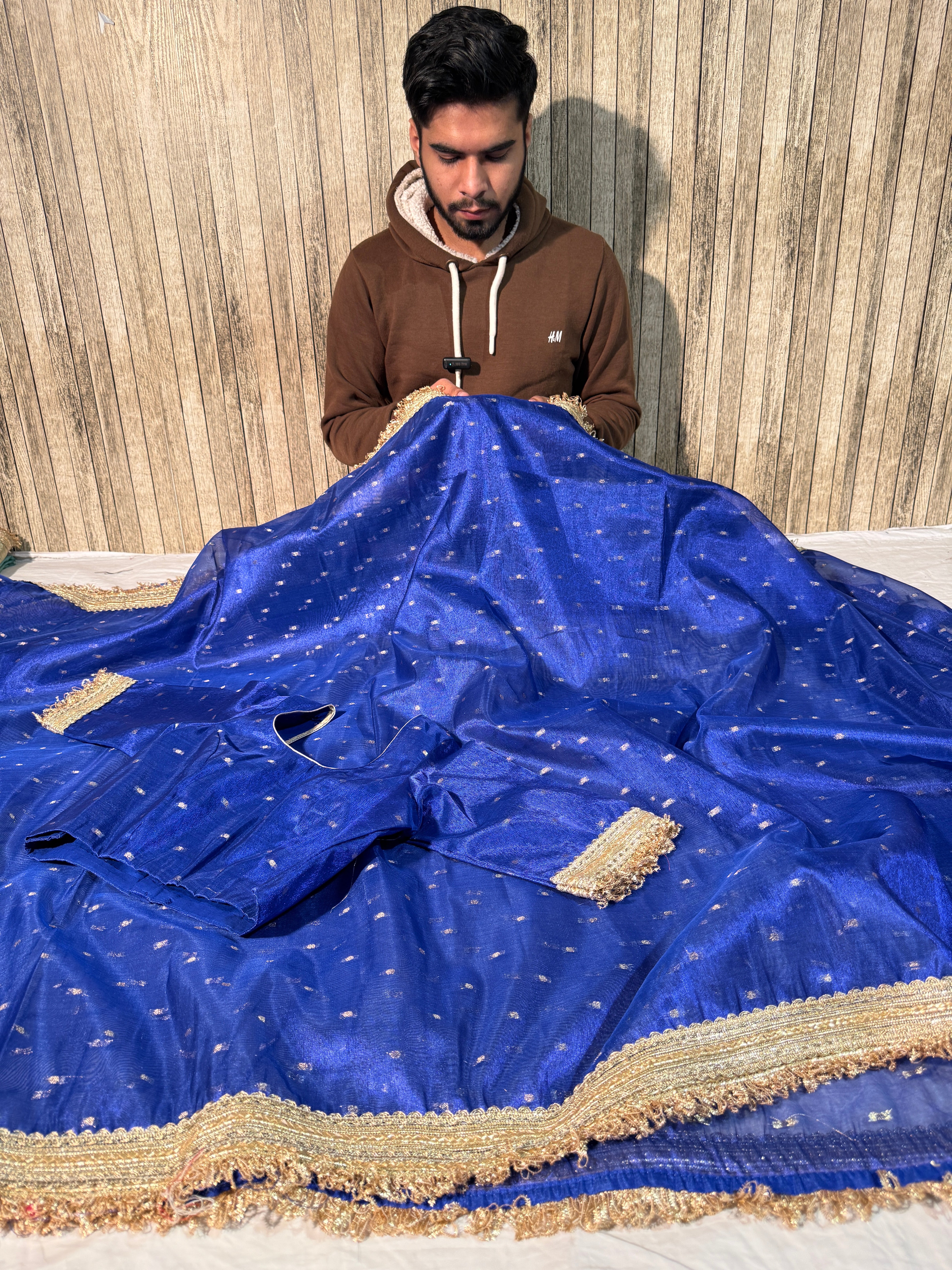 Ready To Wear Metallic Royal Blue Tissue Silk Saree with Lace Work