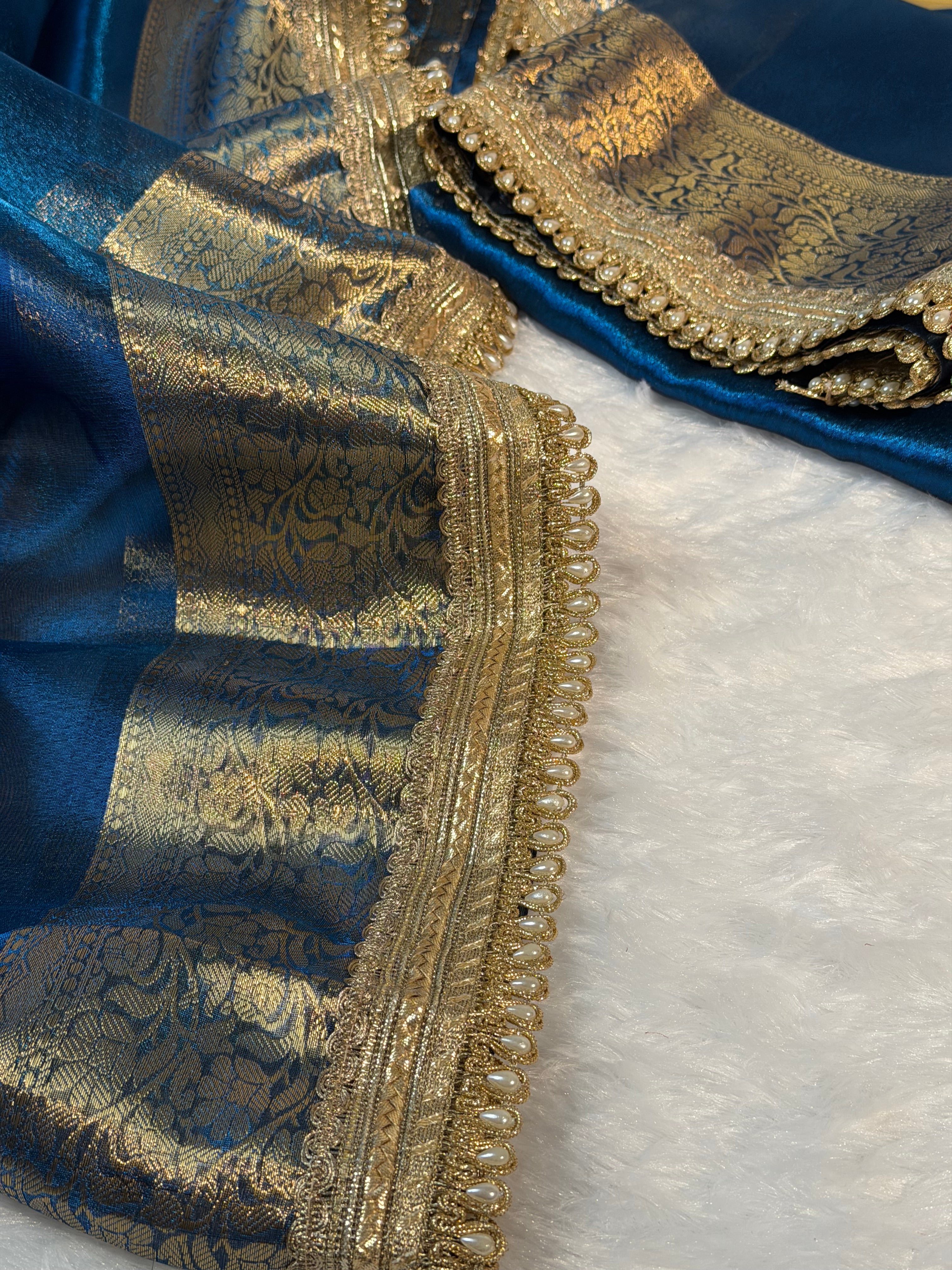 Metallic Firozi Premium Tissue Silk Banarasi Saree with Moti Lace Attached