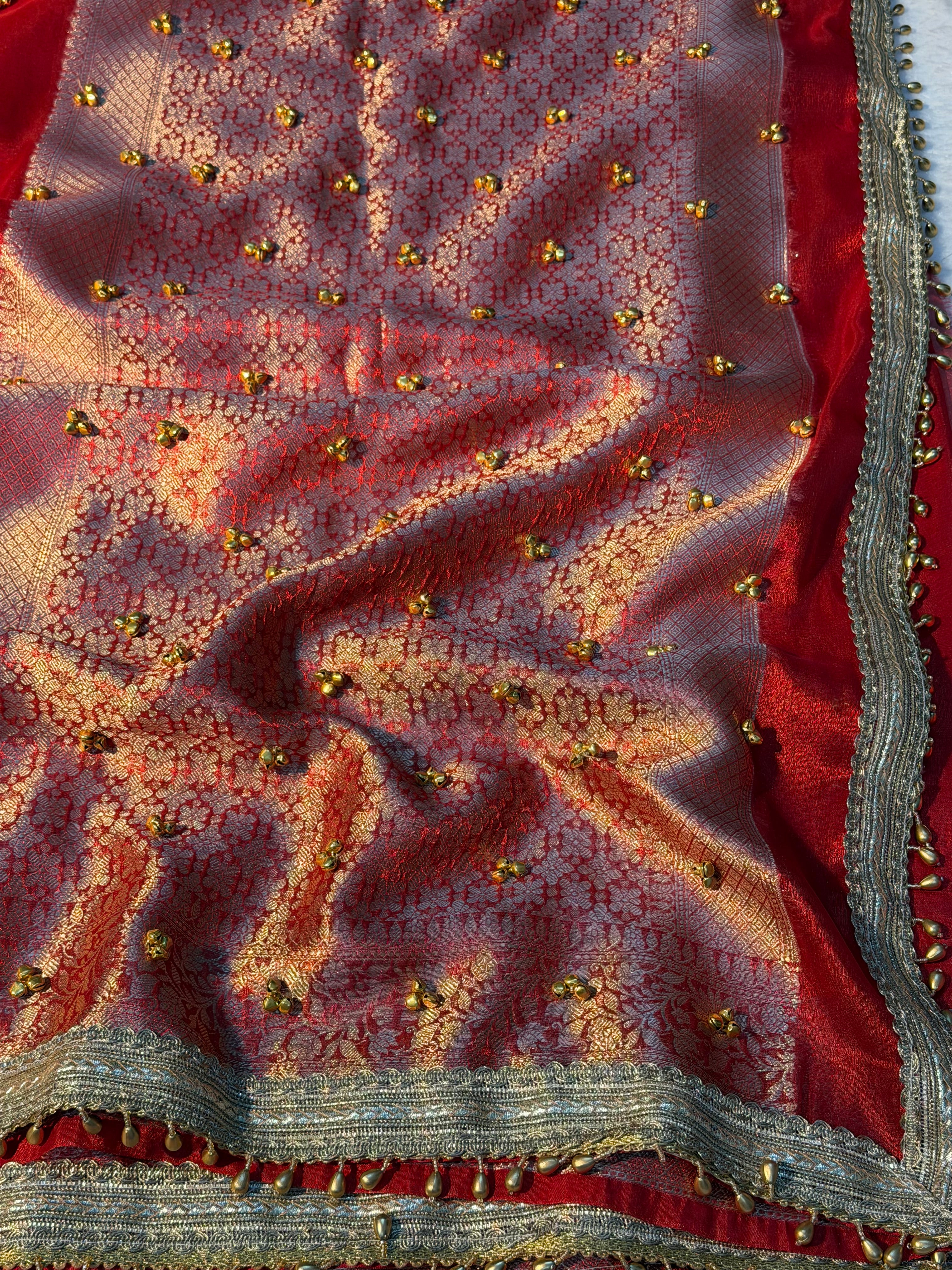 Ghungroo Handwork Bridal Red Premium Tissue Silk Banarasi Saree