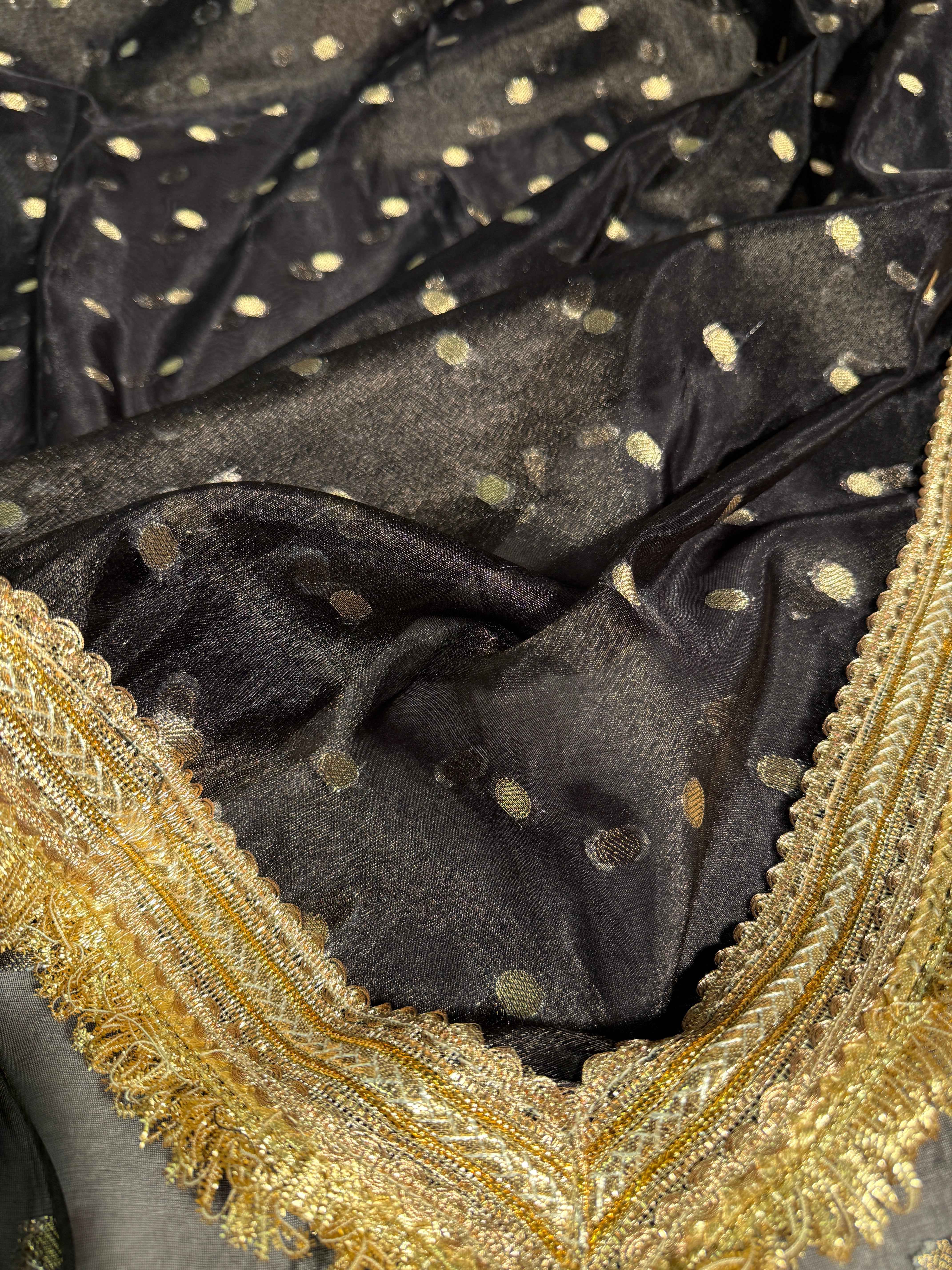 Ready To Wear Metallic Black Tissue Silk Saree with Lace Attached