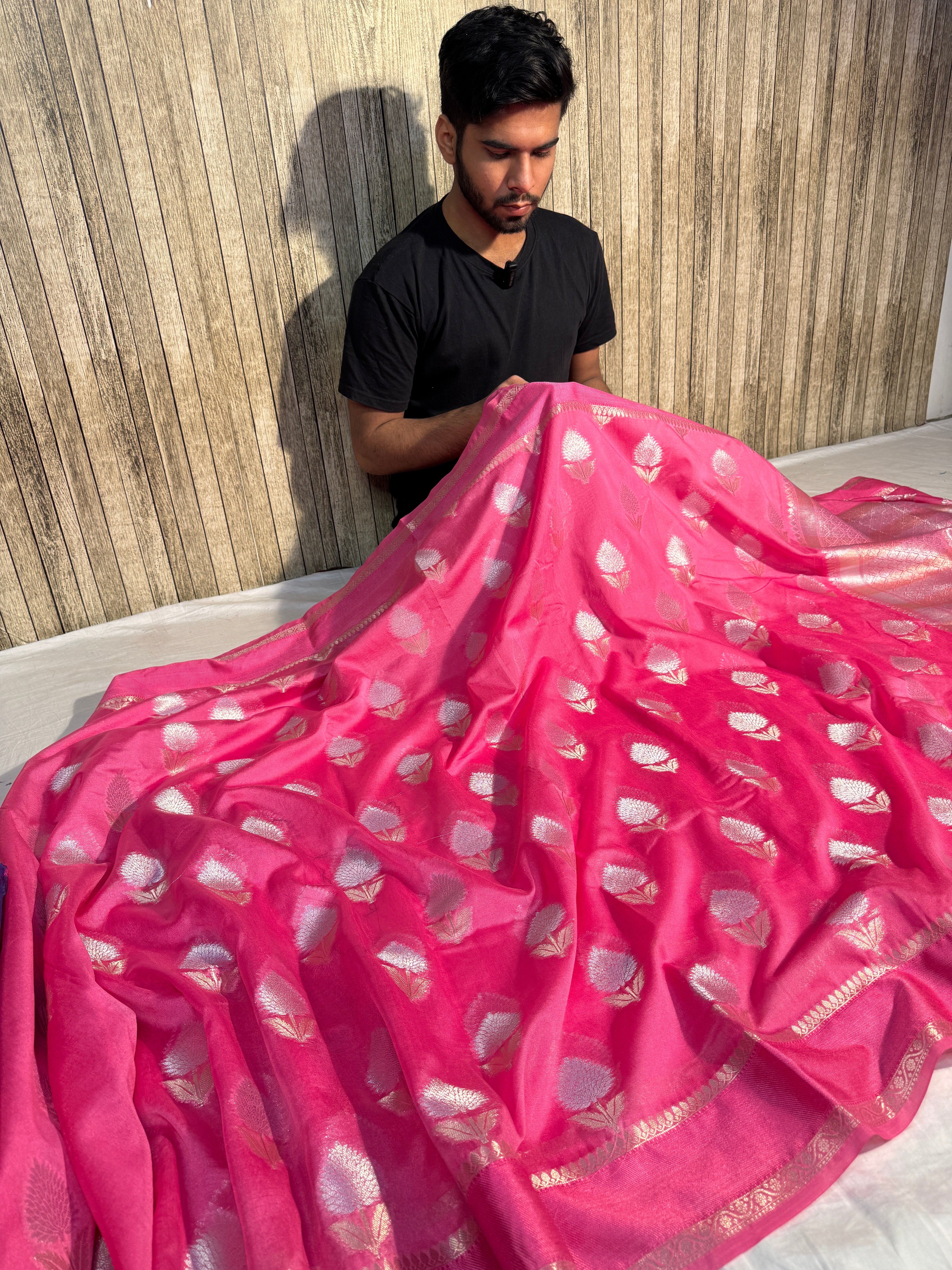 Pastel Pink Premium Chiniya Silk Banarasi Saree with Meenakari Buta