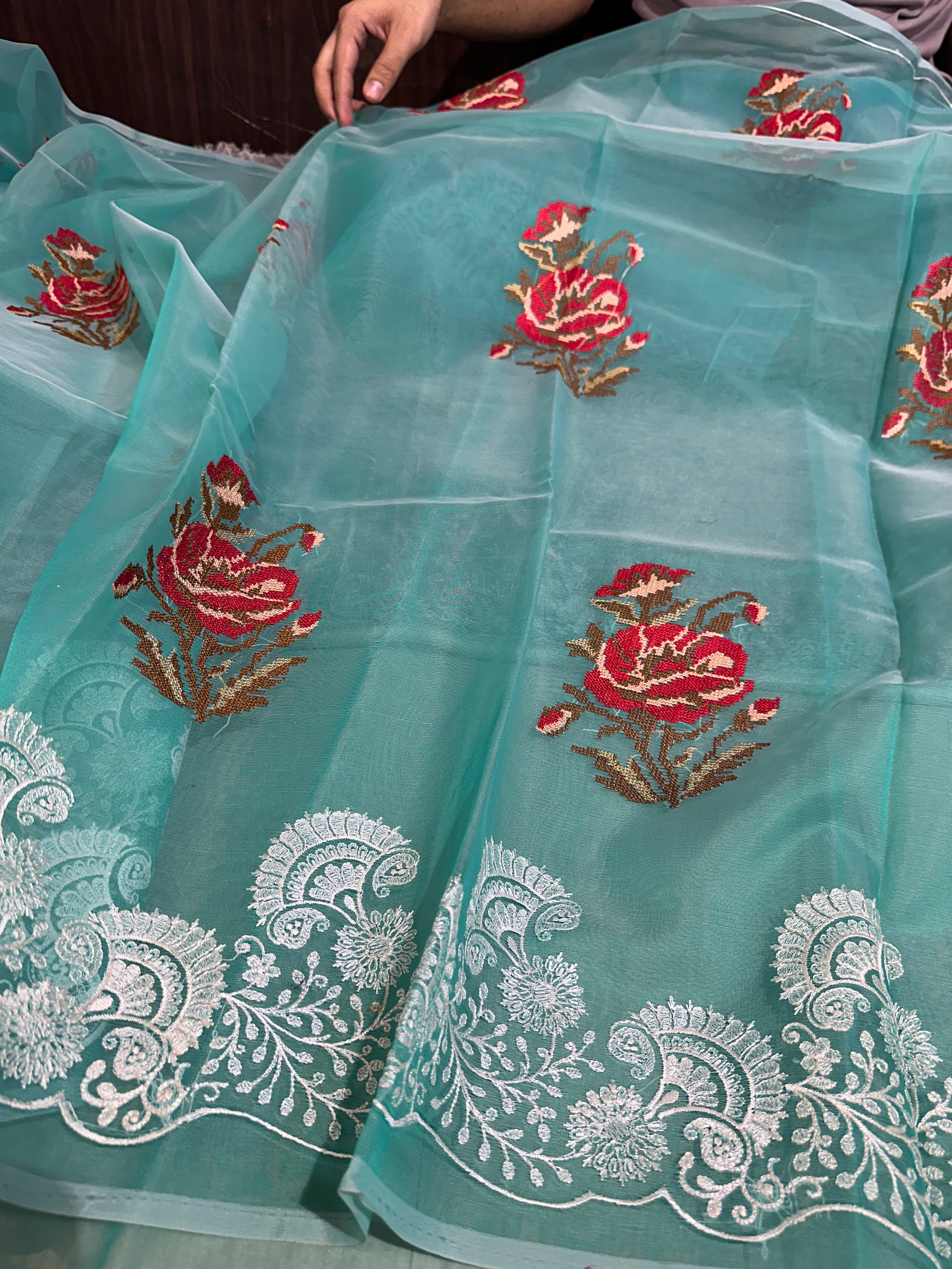 Pretty Seagreen Multi Floral Chikankari Banarasi Organza Silk Saree