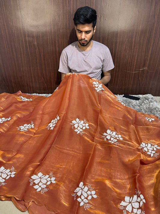Beautiful Rust Bridal Tissue Silk Saree With Premium Sequence work