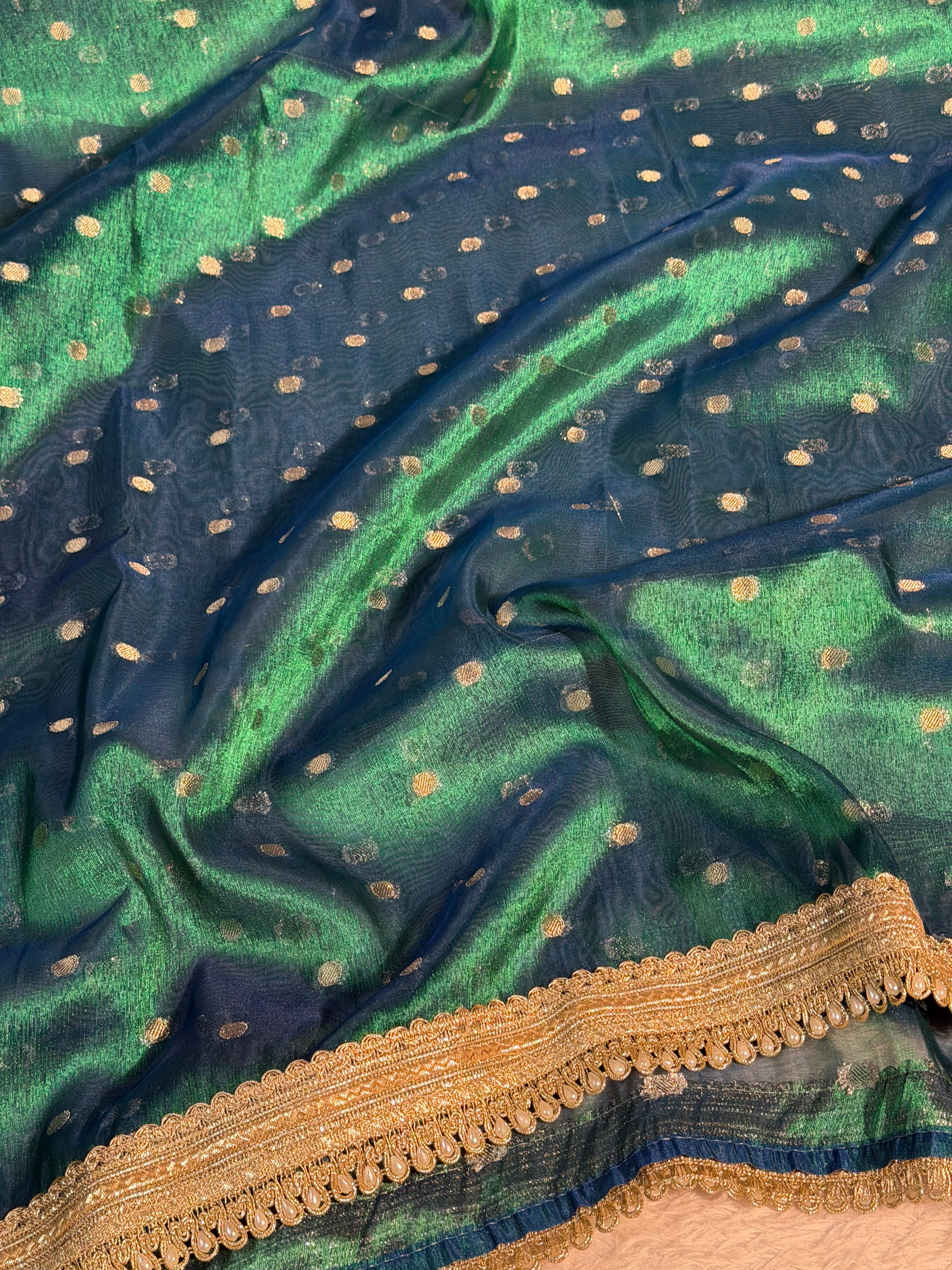 Ready To Wear Sapphire Green Tissue Silk Saree with Lace Attached