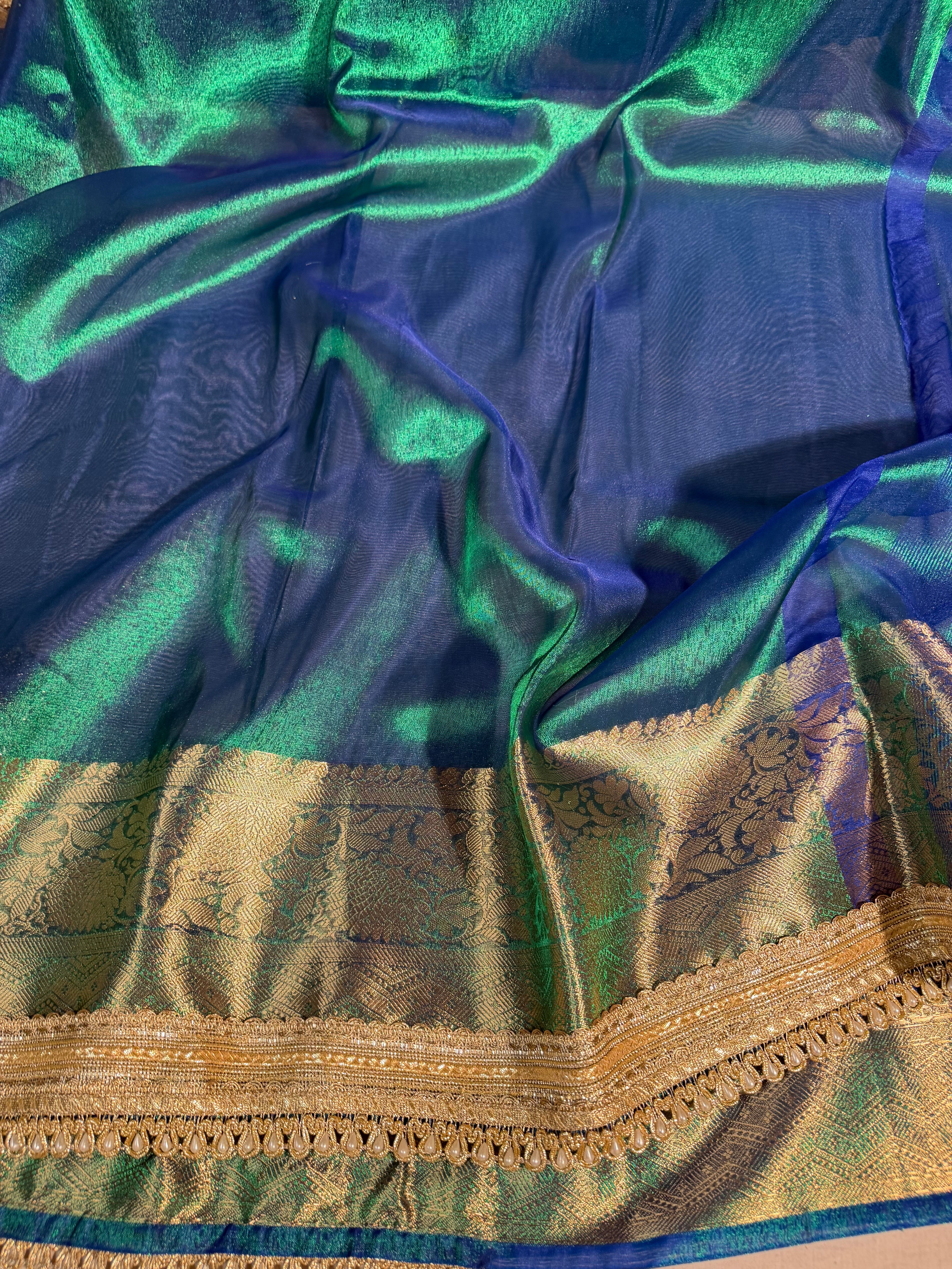 Metallic Sapphire Green Premium Tissue Silk Banarasi Saree with Moti Lace