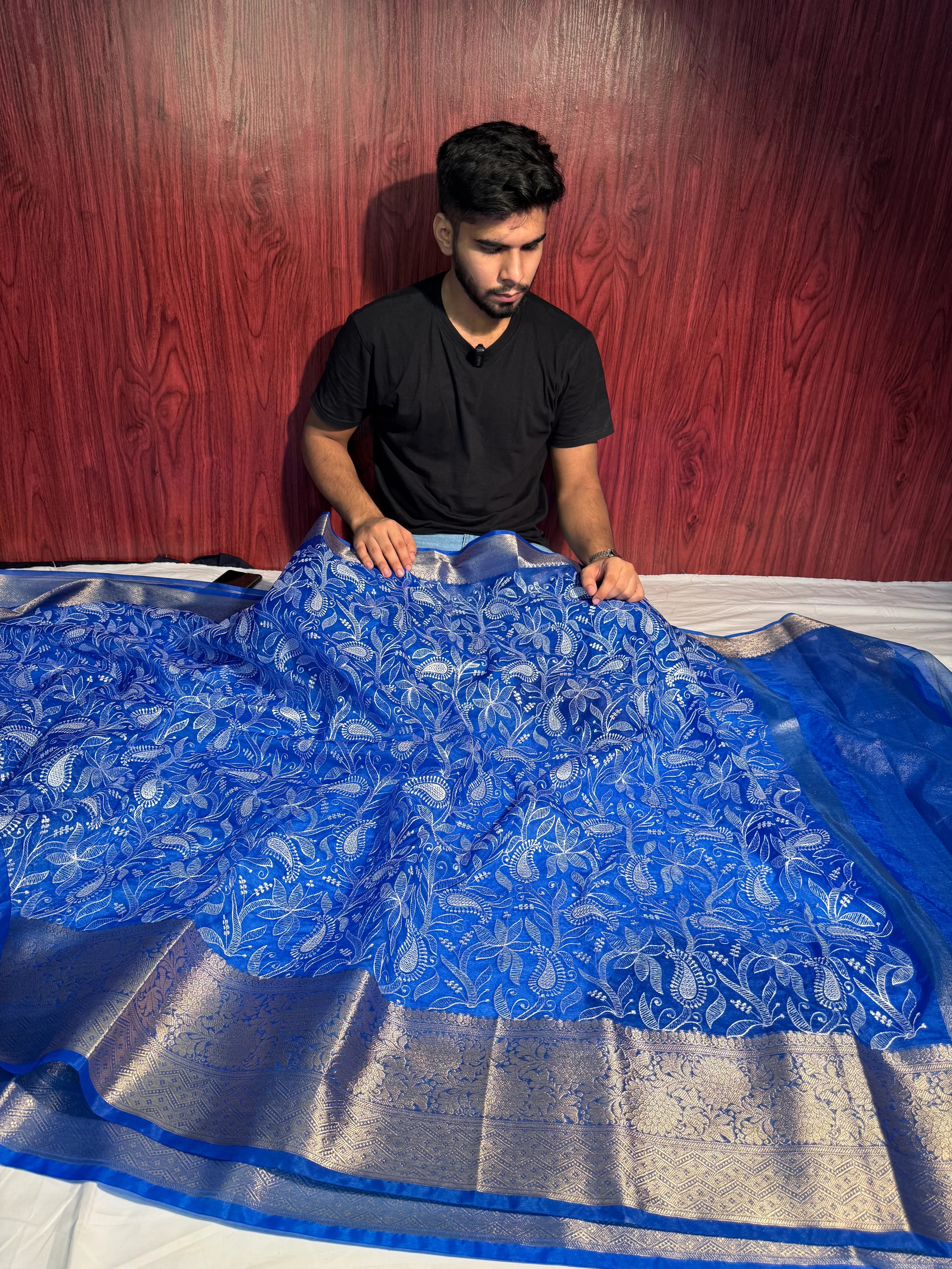 Premium Chikankari Royal Blue Organza Silk Banarasi Saree