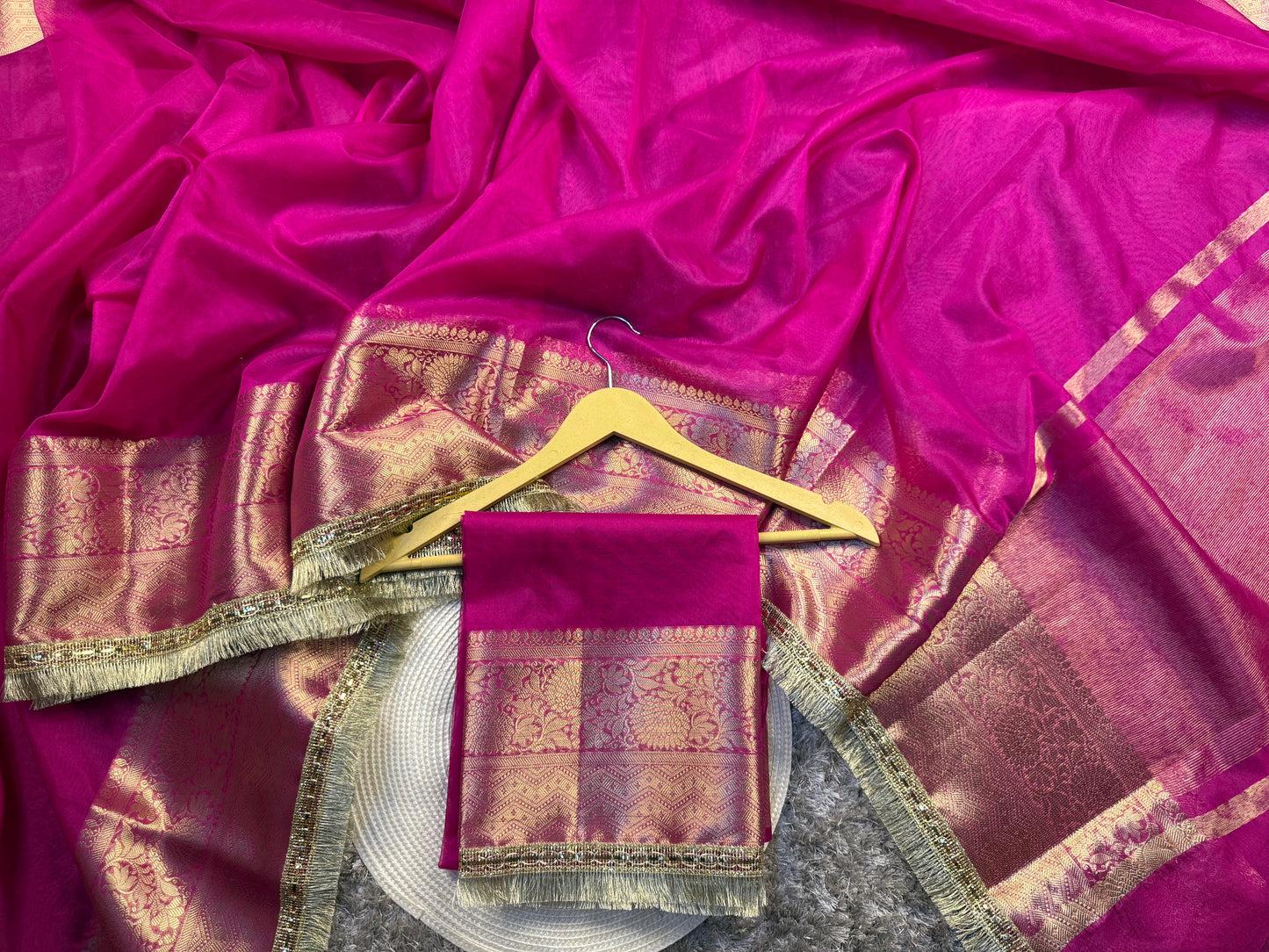 Rani Pink Organza Silk Banarasi Saree with Premium Lace Work