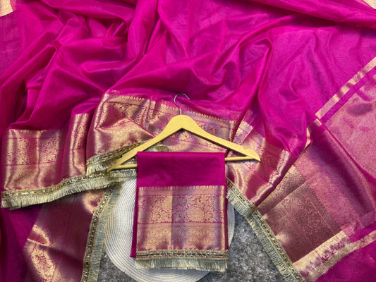 Rani Pink Organza Silk Banarasi Saree with Premium Lace Work