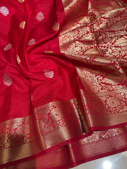 Exclusive Bridal Red Soft Kaath Bandh Weave Warm Silk Banarasi Saree