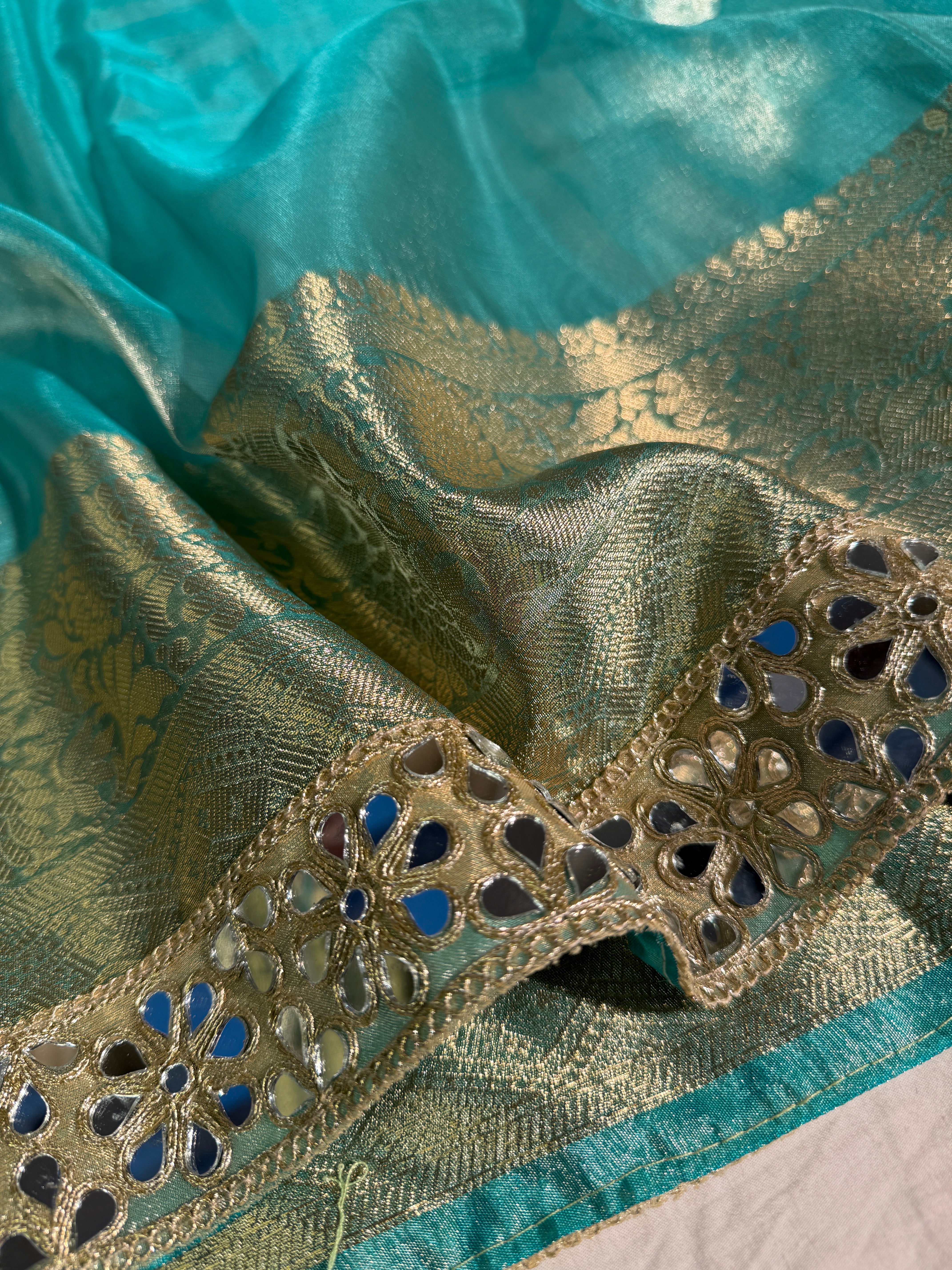 Sea Green Premium Tissue Silk Mirror Lace Work Banarasi Saree