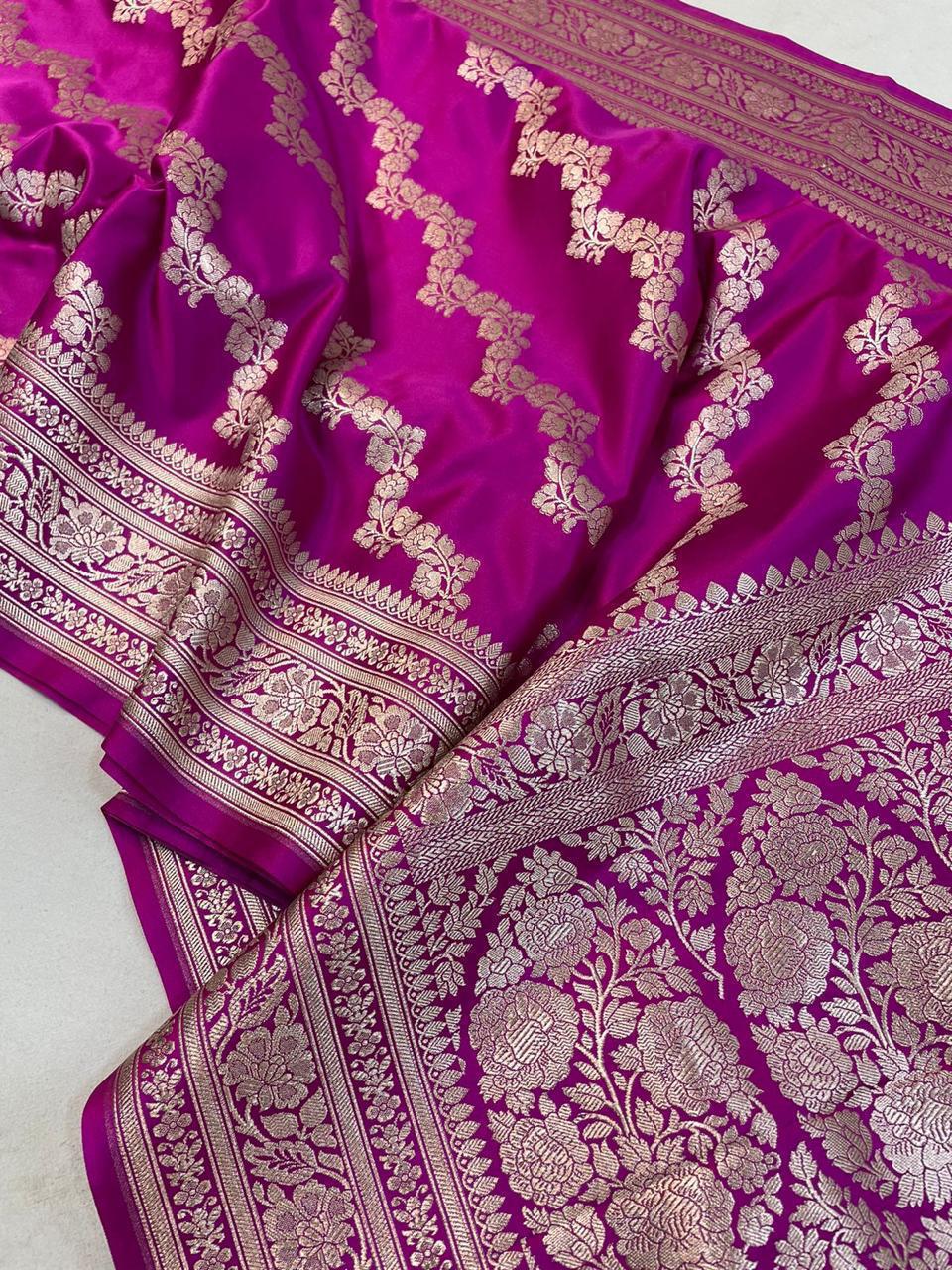 RANI PINK MASHRU KATAN SILK LEHERIYA WEAVE BANARASI SAREE