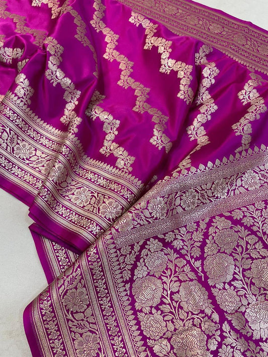 RANI PINK MASHRU KATAN SILK LEHERIYA WEAVE BANARASI SAREE