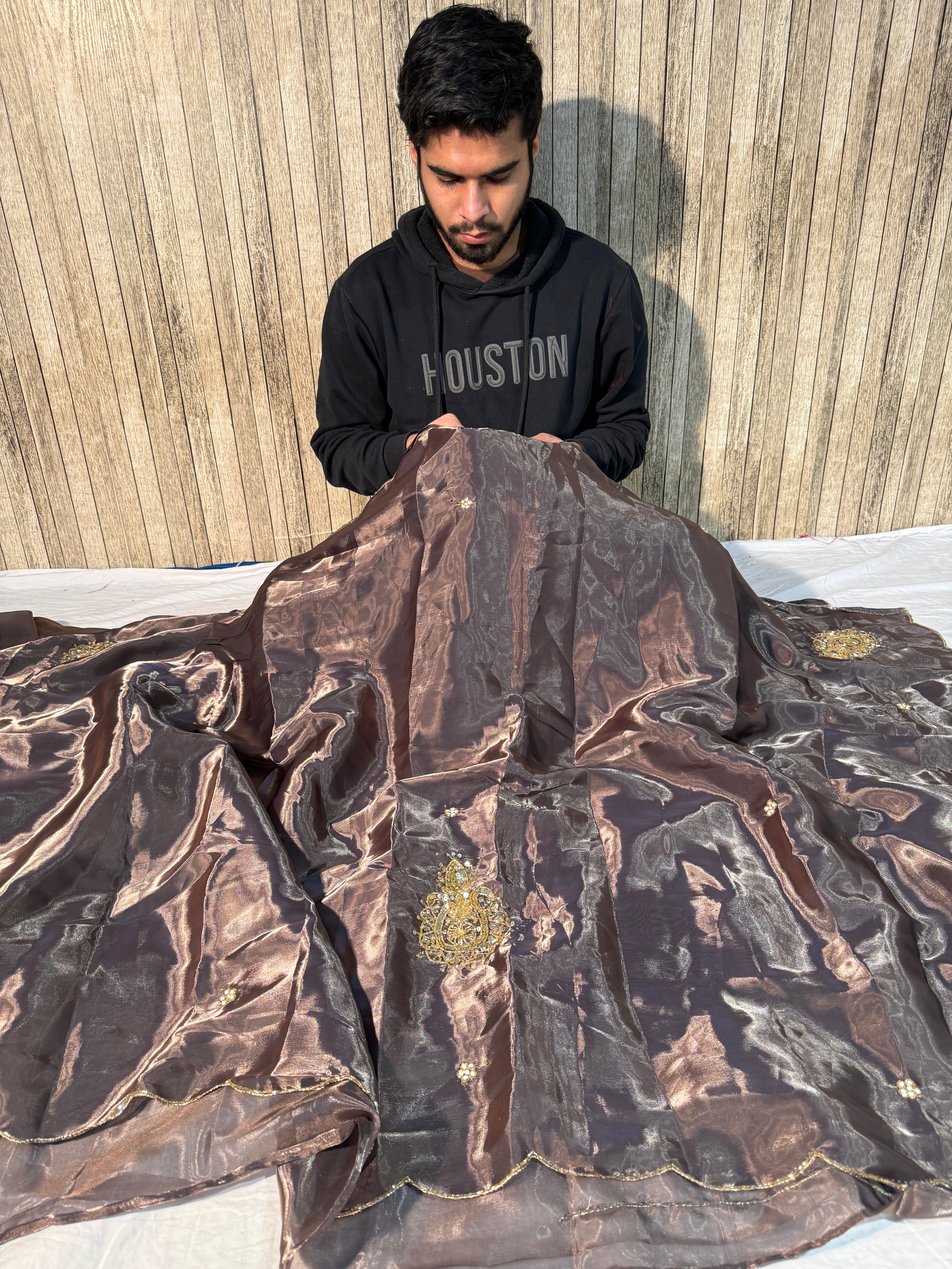 Brown Premium Shimmery Tissue Silk Handwork Saree