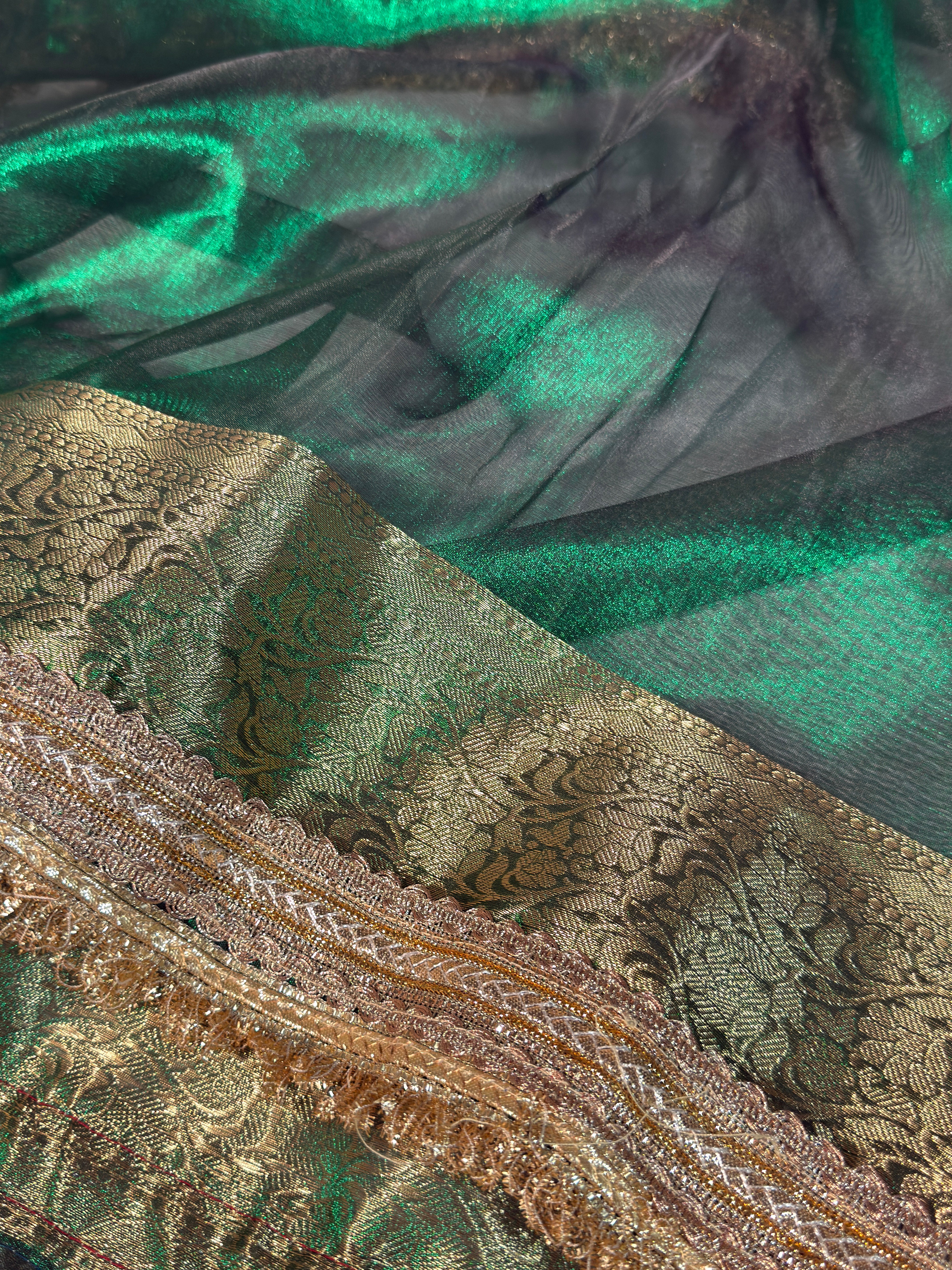 Metallic Green Bridal Tissue Silk Lace Work Banarasi Saree