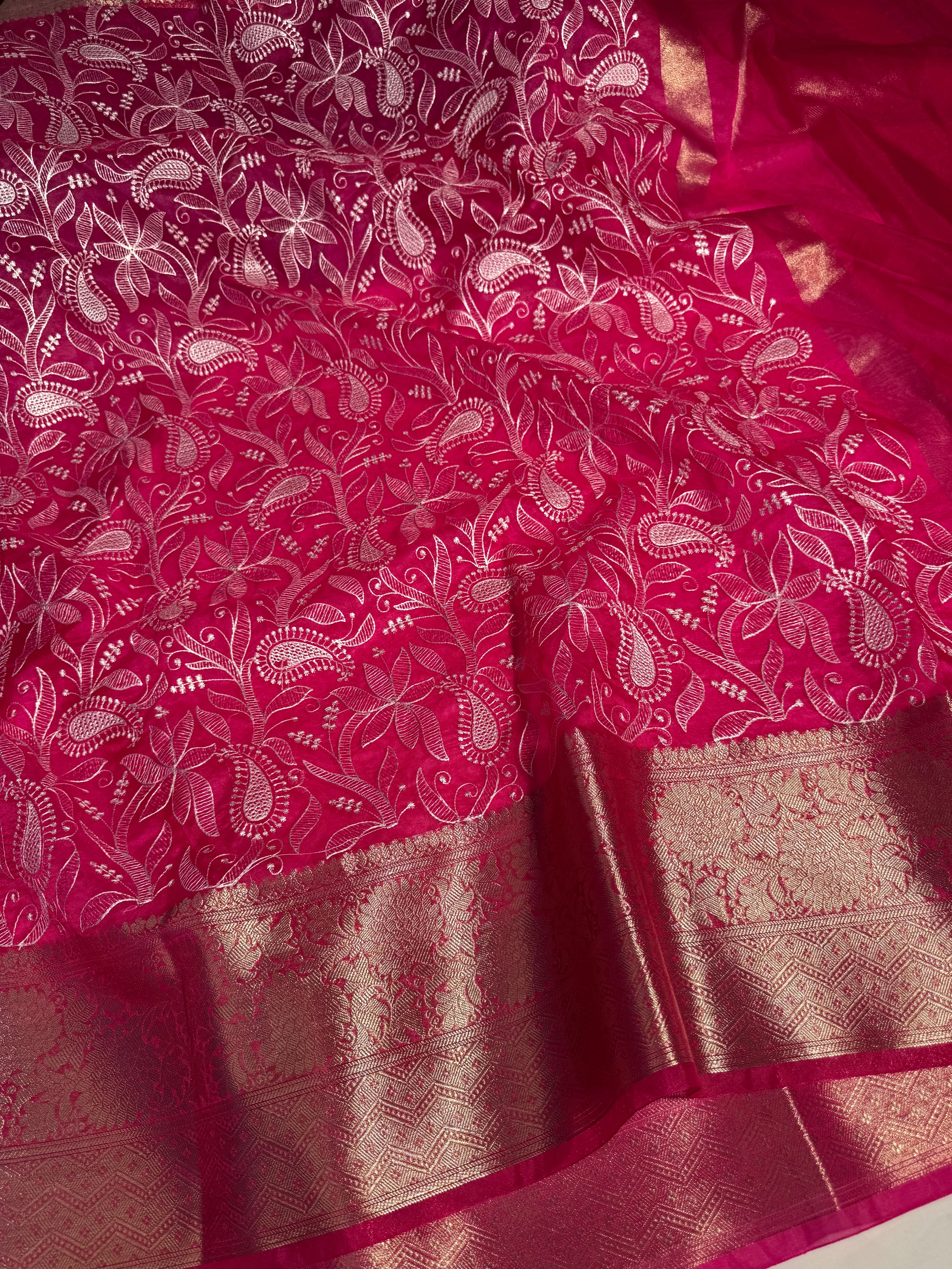 Rani Pink Exclusive Chikankari Banarasi Organza Silk Saree