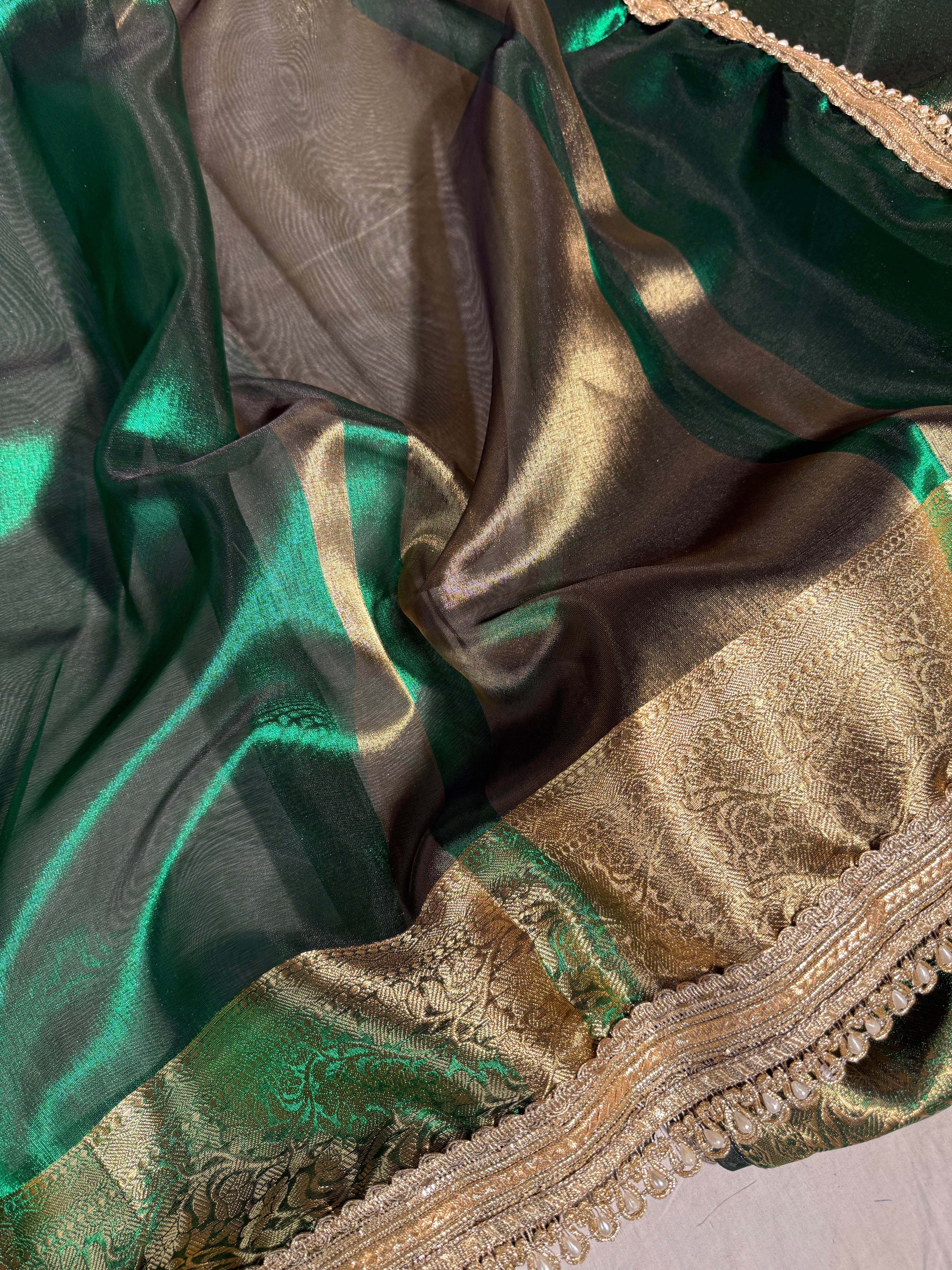 Metallic Green Bridal Tissue Silk Lace Work Banarasi Saree