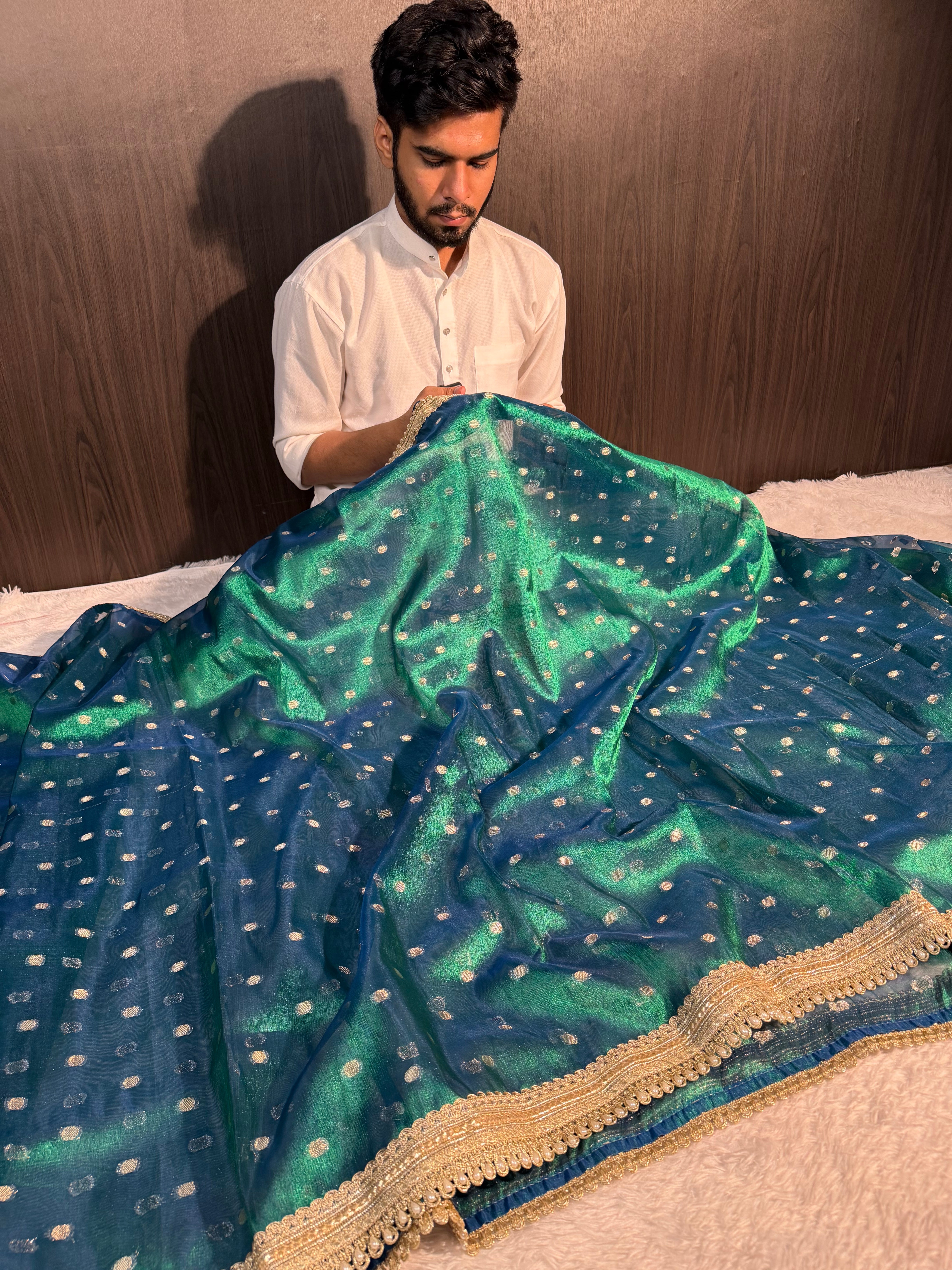 Metallic Sapphire Green Tissue Silk Banarasi Saree with Moti Lace Attached