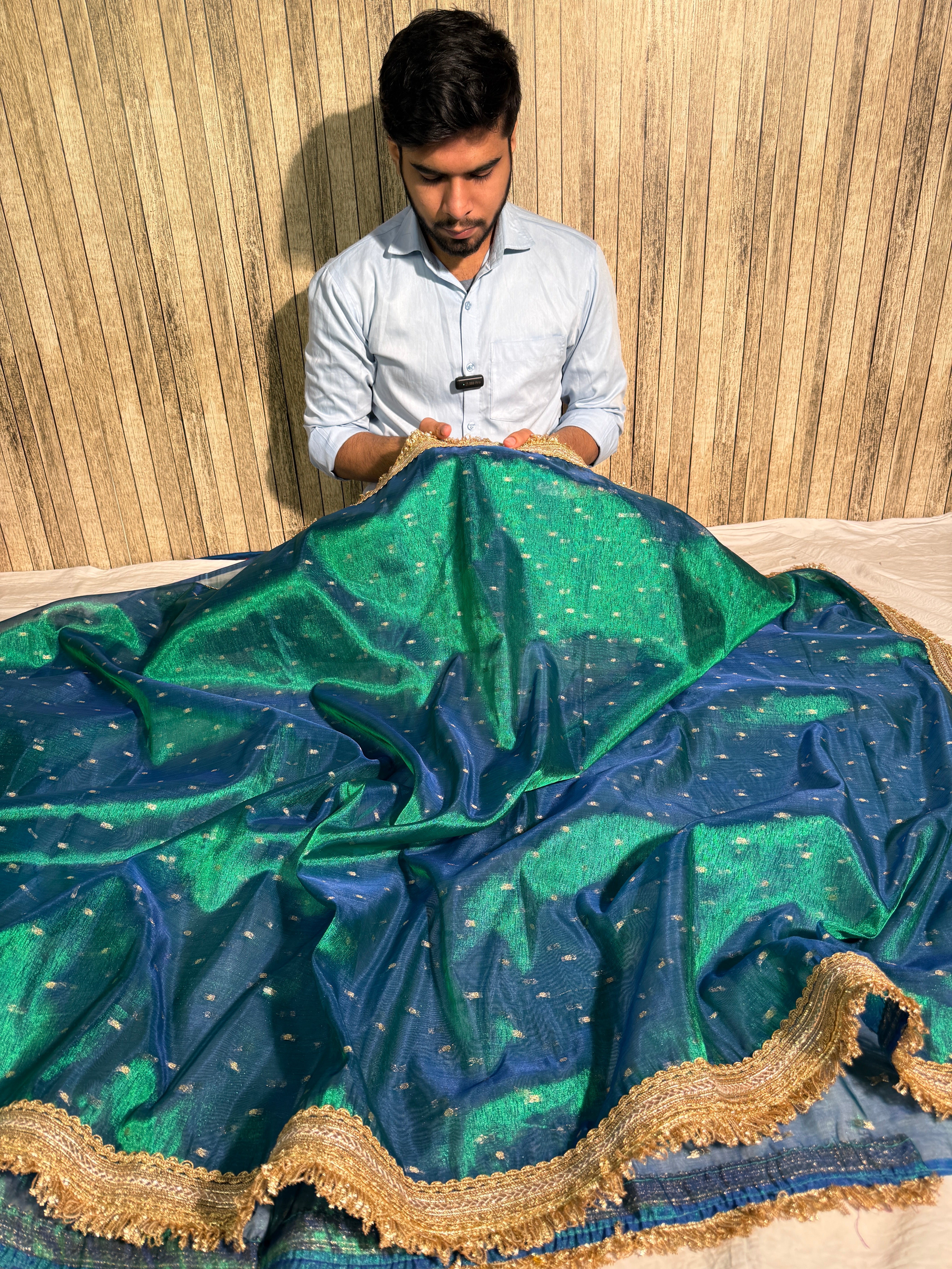 Ready To Wear Sapphire Green Tissue Silk Saree with Lace Attached