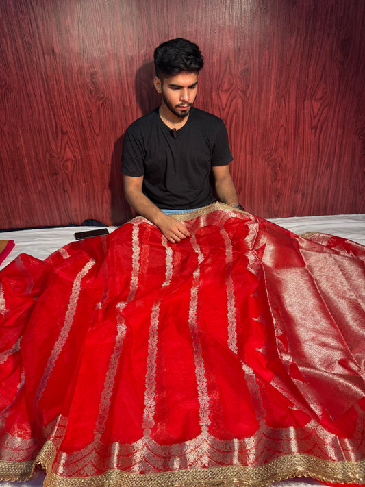 Bridal Red Handloom Pattern Organza Silk Saree with Premium Lace